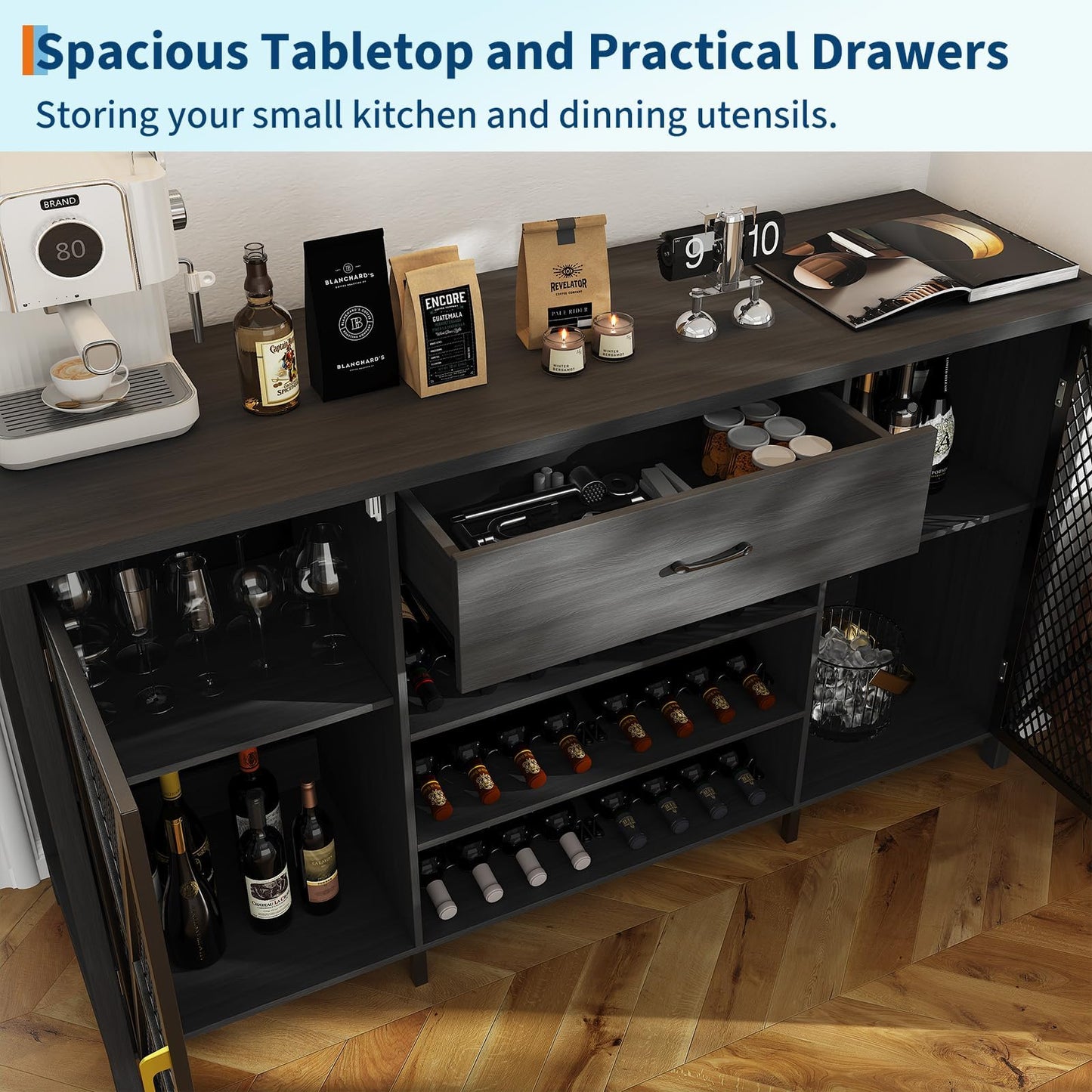 71'' Coffee Bar Cabinet Liquor Wine Bar Sideboard Buffet with Fridge Space