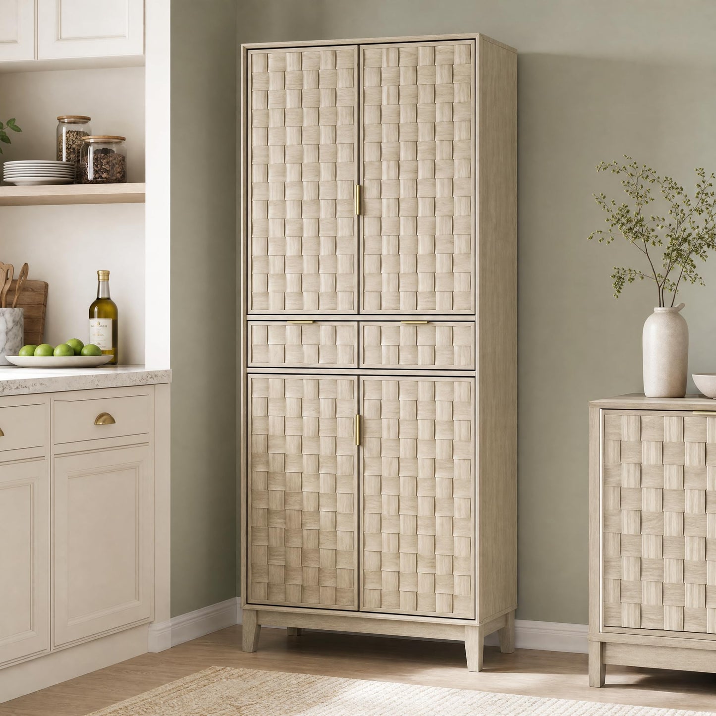 Pantry Cabinet, 71" Tall Pantry Cabinet,Modern Kitchen Cabinet with Doors, Drawers & Adjustable Shelves, Freestanding Food Pantry Cupboard with Side Rack for Kitchen Dining Room,Oak