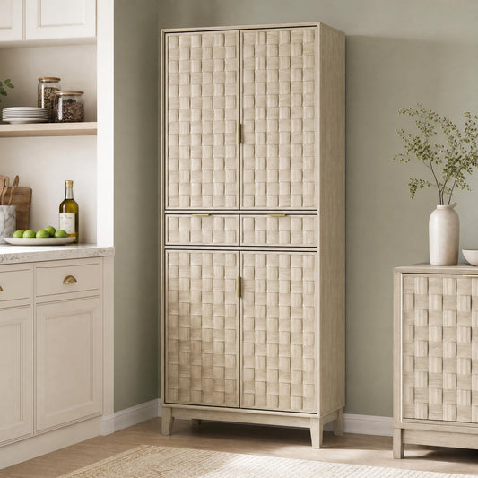 Pantry Cabinet, 71" Tall Pantry Cabinet,Modern Kitchen Cabinet with Doors, Drawers & Adjustable Shelves, Freestanding Food Pantry Cupboard with Side Rack for Kitchen Dining Room,Oak