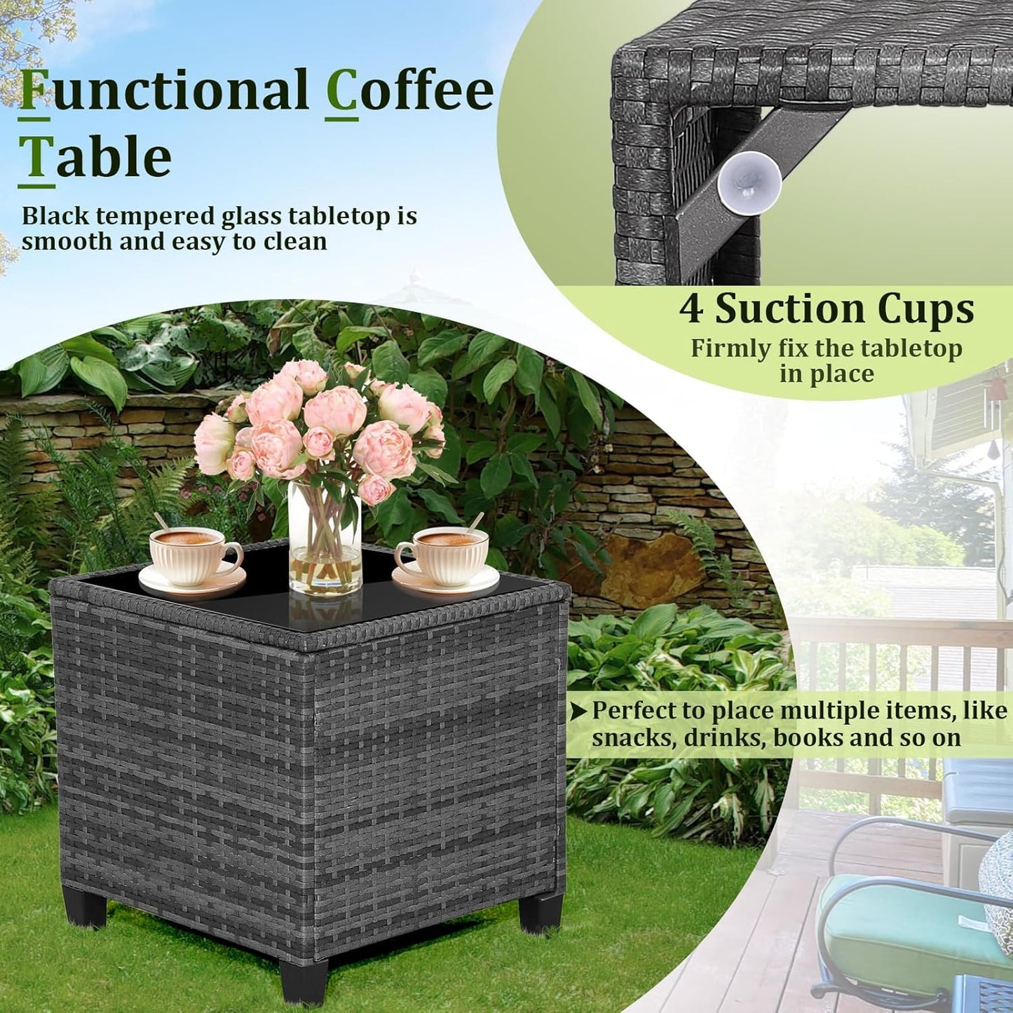 LDAILY Patio Furniture Set, 3 Pieces PE Rattan Wicker Patio Sofa Chairs with Washable Cushion & Glass Table, Outdoor Furniture Conversation Sets for Porch, Balcony, Garden, Poolside (Black)