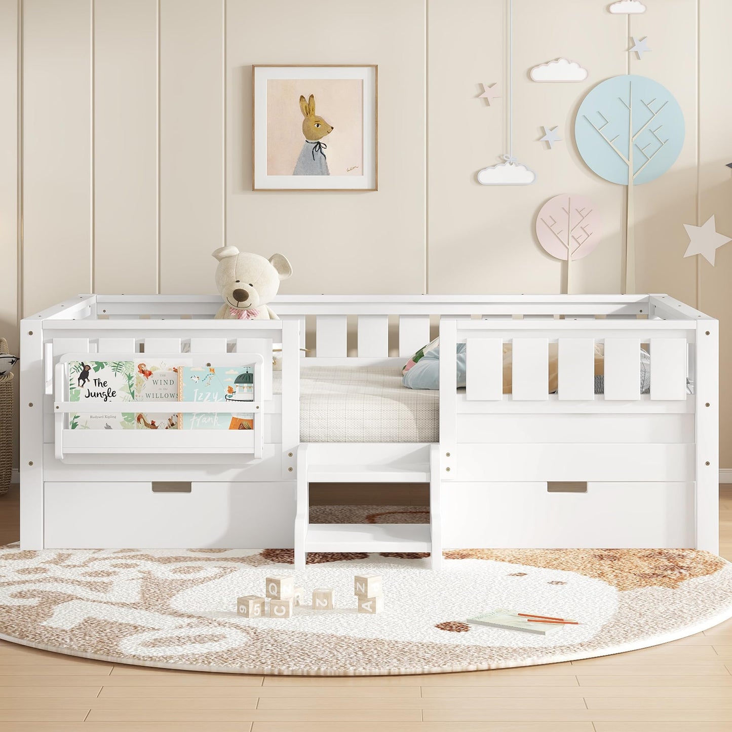 Bellemave Twin Bed with Slats and Stairs, Twin Size Platform Bed Frame with Fence, Bookshelf and Storage Drawers, Easy Assemble Beds for Kids, Girls, Boys, White