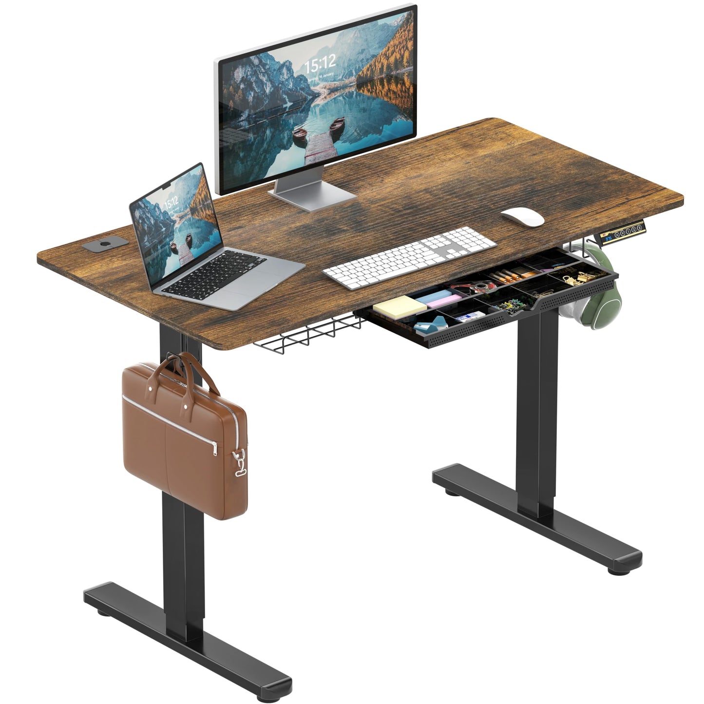 SHW 48-Inch Electric Height Adjustable Standing Desk with Drawer, Memory Preset and Cable Management Tray, Rustic Brown