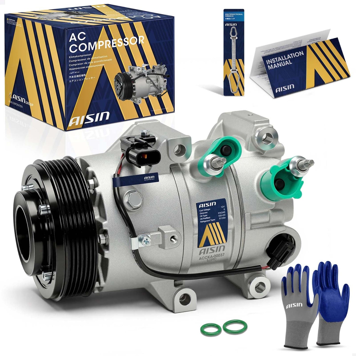 AISIN AFTERMARKET ACCKA-00037 Air Conditioner AC Compressor - Compatible with Kia Stinger 2018-2021 2.0L - with 6-Pulley Groove, with Clutch