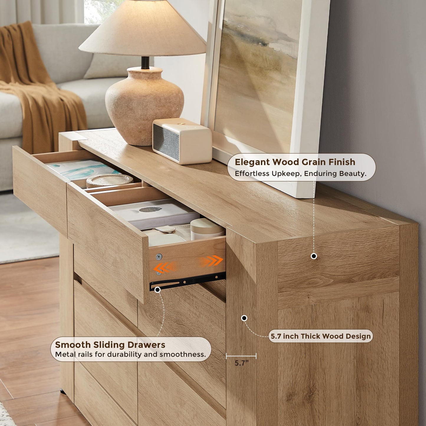 OKD 6 Drawer Dresser for Bedroom, 54" Wide Chest of Drawers with Thick Wood Design, Handleless, Modern Bedroom Dresser, Storage Organizer for Living Room/Entryway/Hallway, Natural Oak