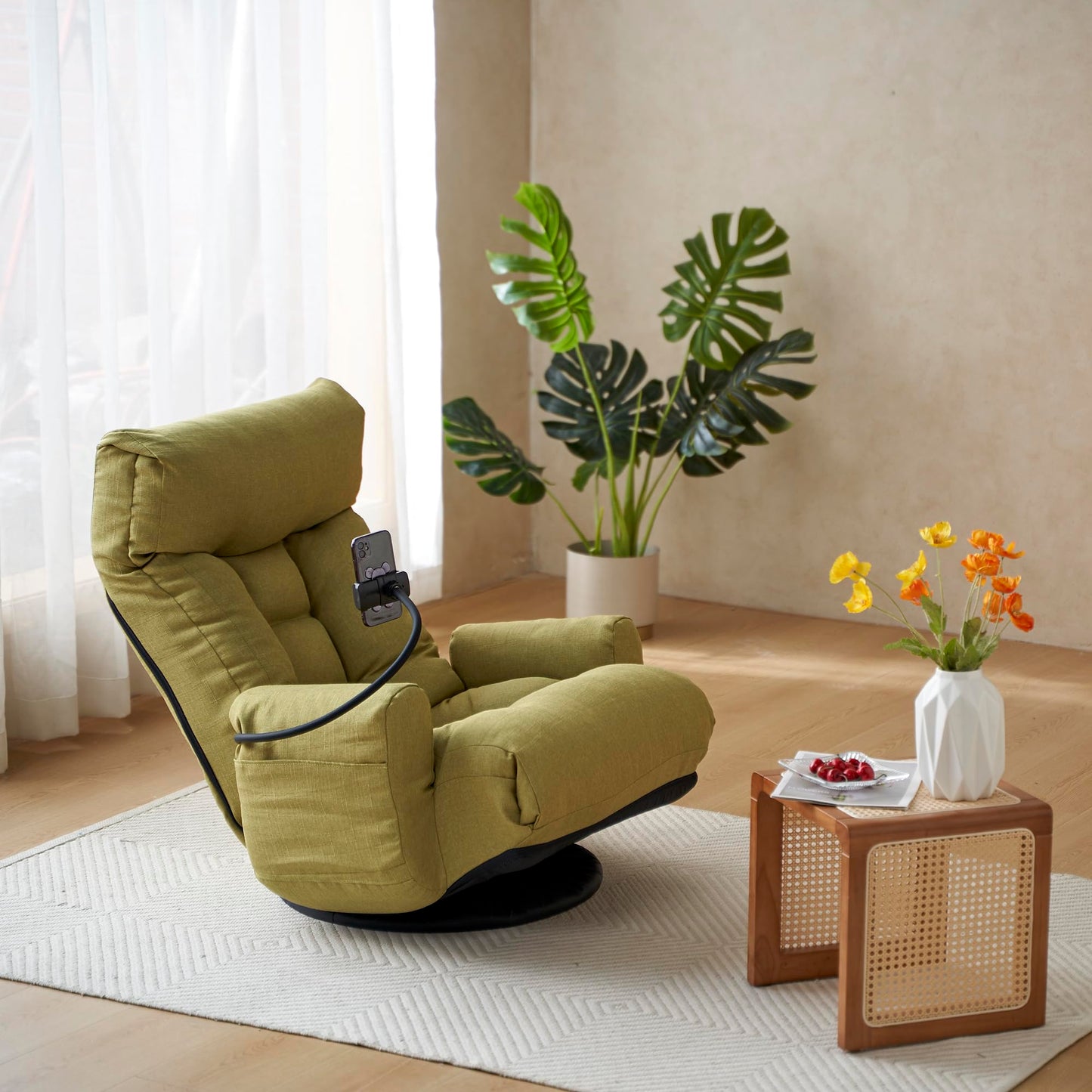 Noble House Home Furnishings Gwen Upholstered 360° Swivel Chair, Lounge Chair with Adjustable Backrest/Headrest, Metal Frame Living Room Lounge Sofa and Phone Holder, Comfy Bean Bag Chair, Green