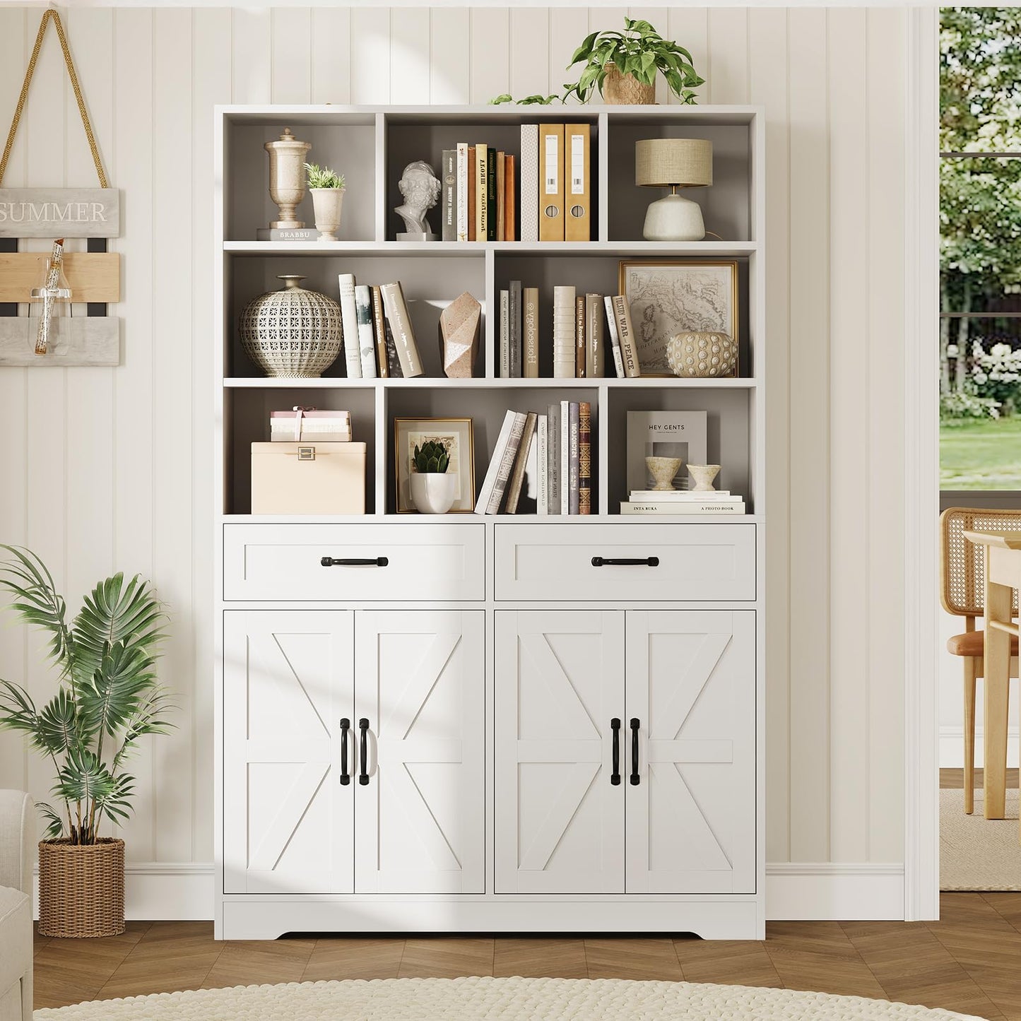 IDEALHOUSE 6 Tier Large Bookcase with Drawers & Doors, 71 Inch Tall Wood Bookshelf, Modern Display Cabinet Book Storage Organizer for Office Living Room Apartments