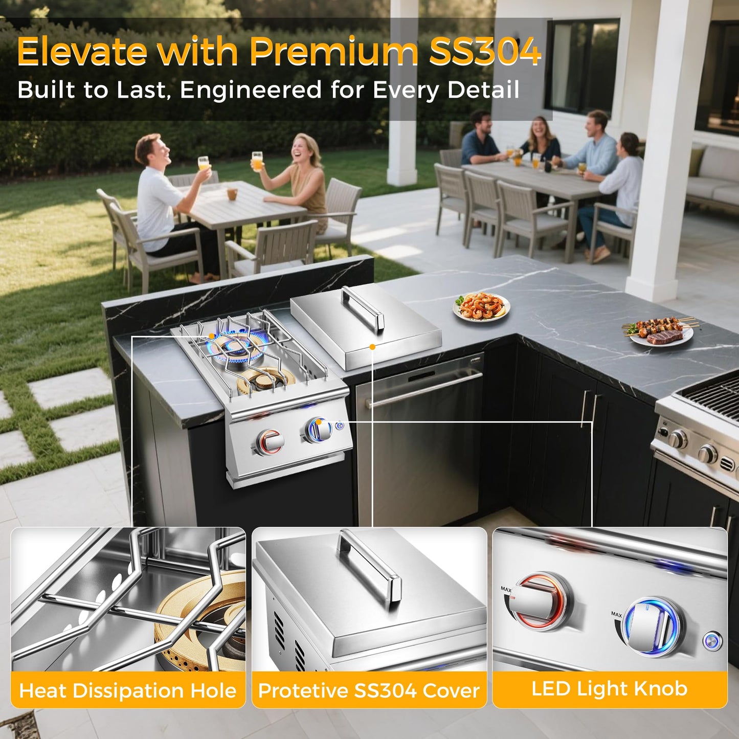 Huishenplus Grilling Side Burners for Outdoor Kitchen, 2 * 18,000BTU Natural Gas Side Burner,Convertible to Liquid Propane, Duty Heavy 304 Stainless Steel, Double Burner for BBQ Island Gril, Gold