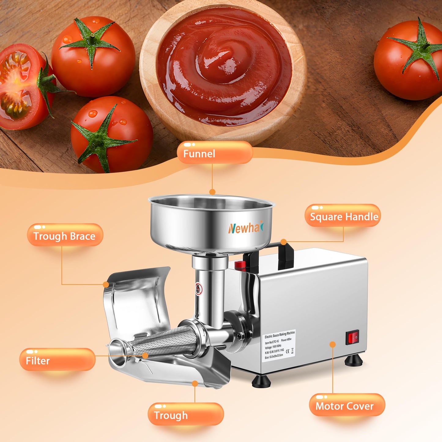 Newhai 450W Electric Tomato Strainer Commercial Tomato Milling Machine Stainless Steel Food Press Sauce Maker Food Squeezer Machine 110volt