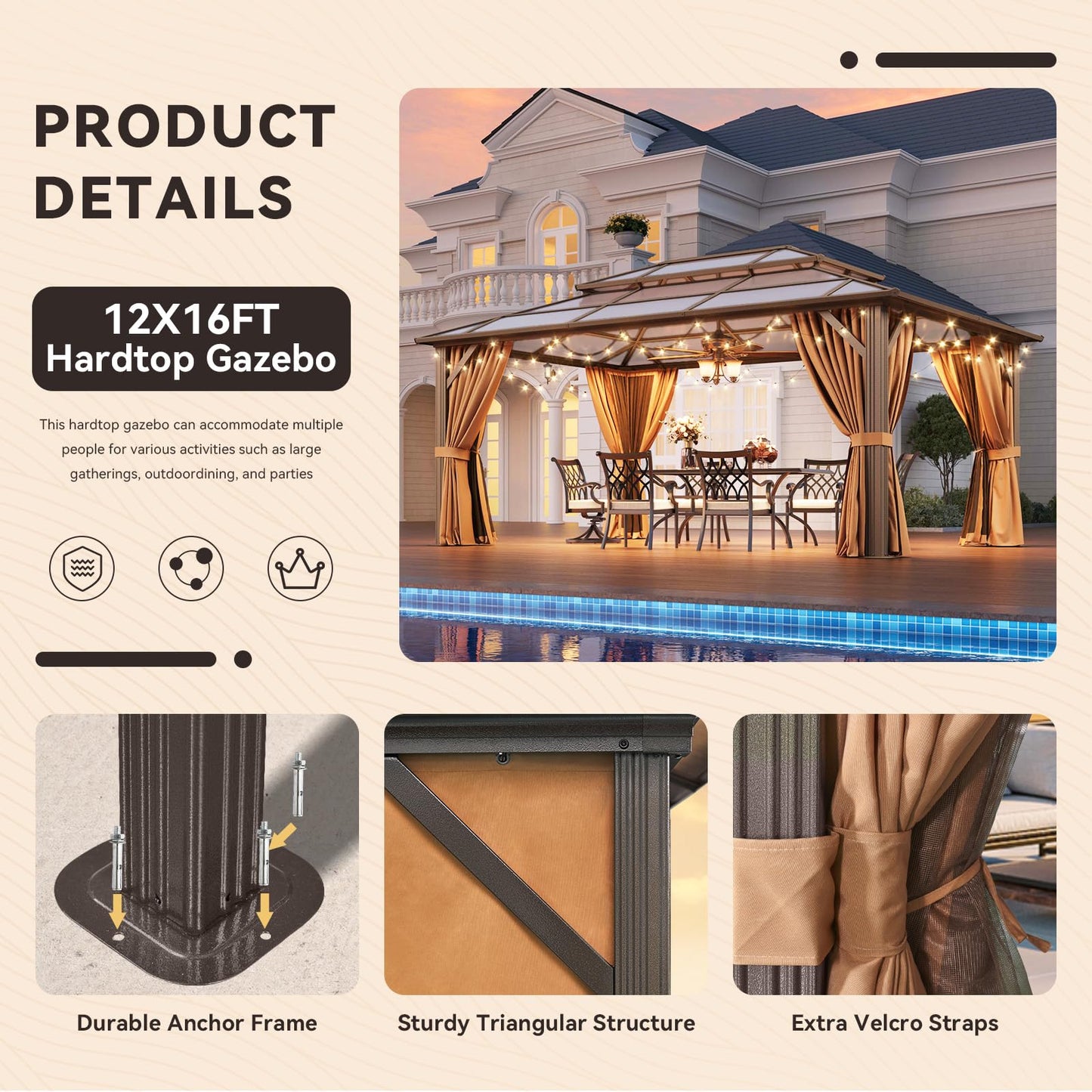 Aoxun 12'x16' Hardtop Gazebo, Outdoor Metal Gazebo with Double Polycarbonate Roof Canopy, Permanent Pavilion with Netting and Curtains for Lawn, Garden, Patio (Brown)