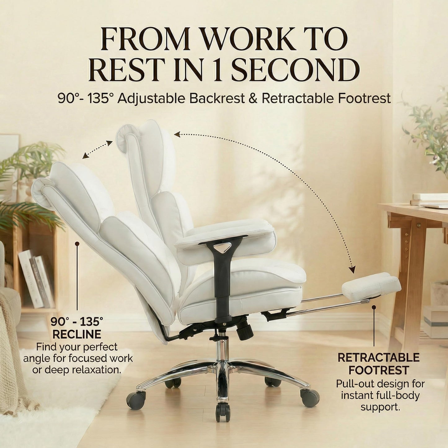 Efomao Big and Tall Desk Chair 400lbs, 22" Extra Wide Executive Office Chair with 3D Armrests & Footrest, Ergonomic Heavy Duty Chair, White