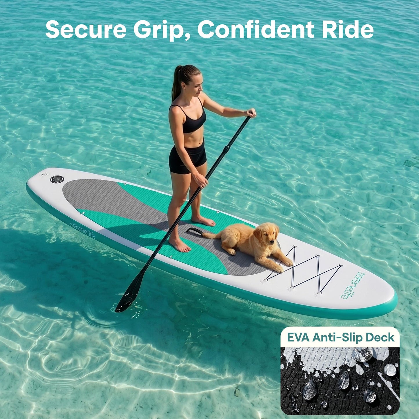 SereneLife 10’ Inflatable Stand Up Paddle Board with Premium SUP Accessories - 32” Wide Stable Design with Non-Slip EVA Deck Pad, for Youth and Adults, 275 lbs. Capacity