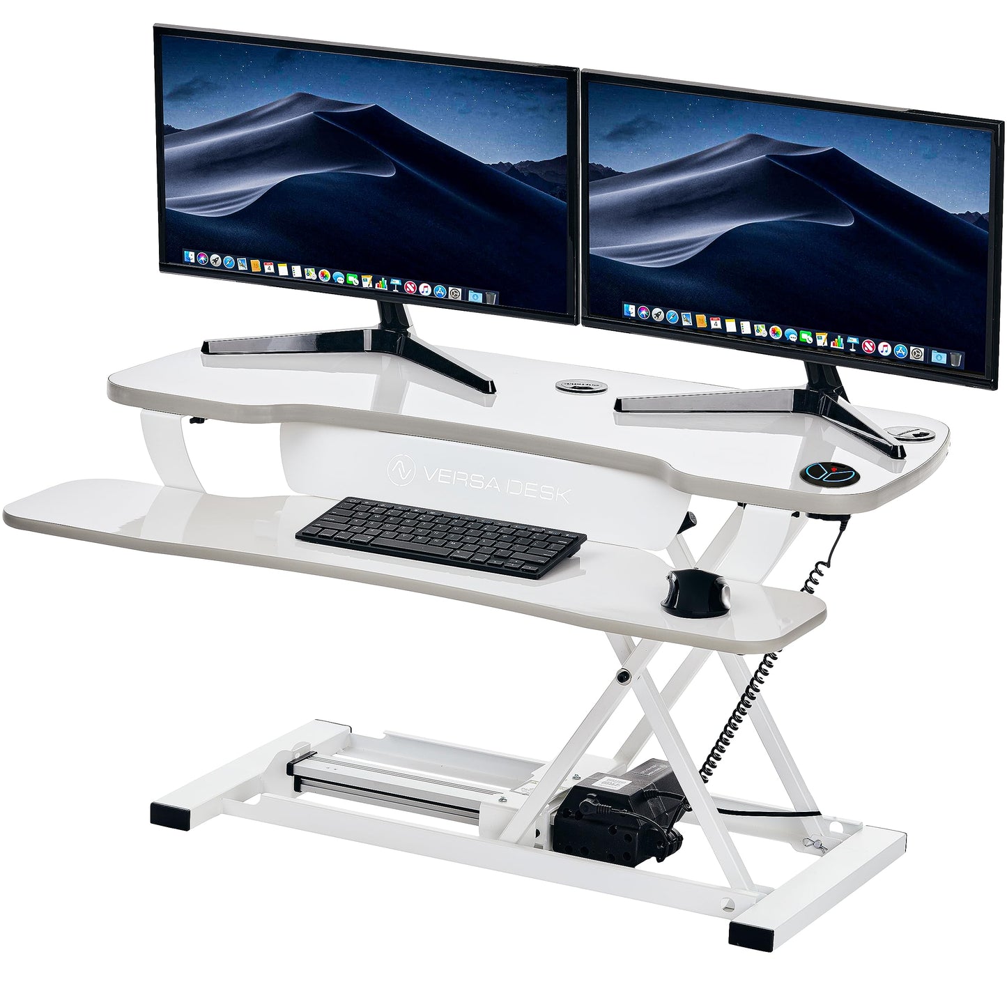 VERSADESK PowerPro 40 Inch Electric Standing Desk Converter – Push-Button Height Adjustable Sit to Stand Desk Riser for Triple Monitors & Laptop – Motorized Desktop Workstation with Wide Keyboard Tray