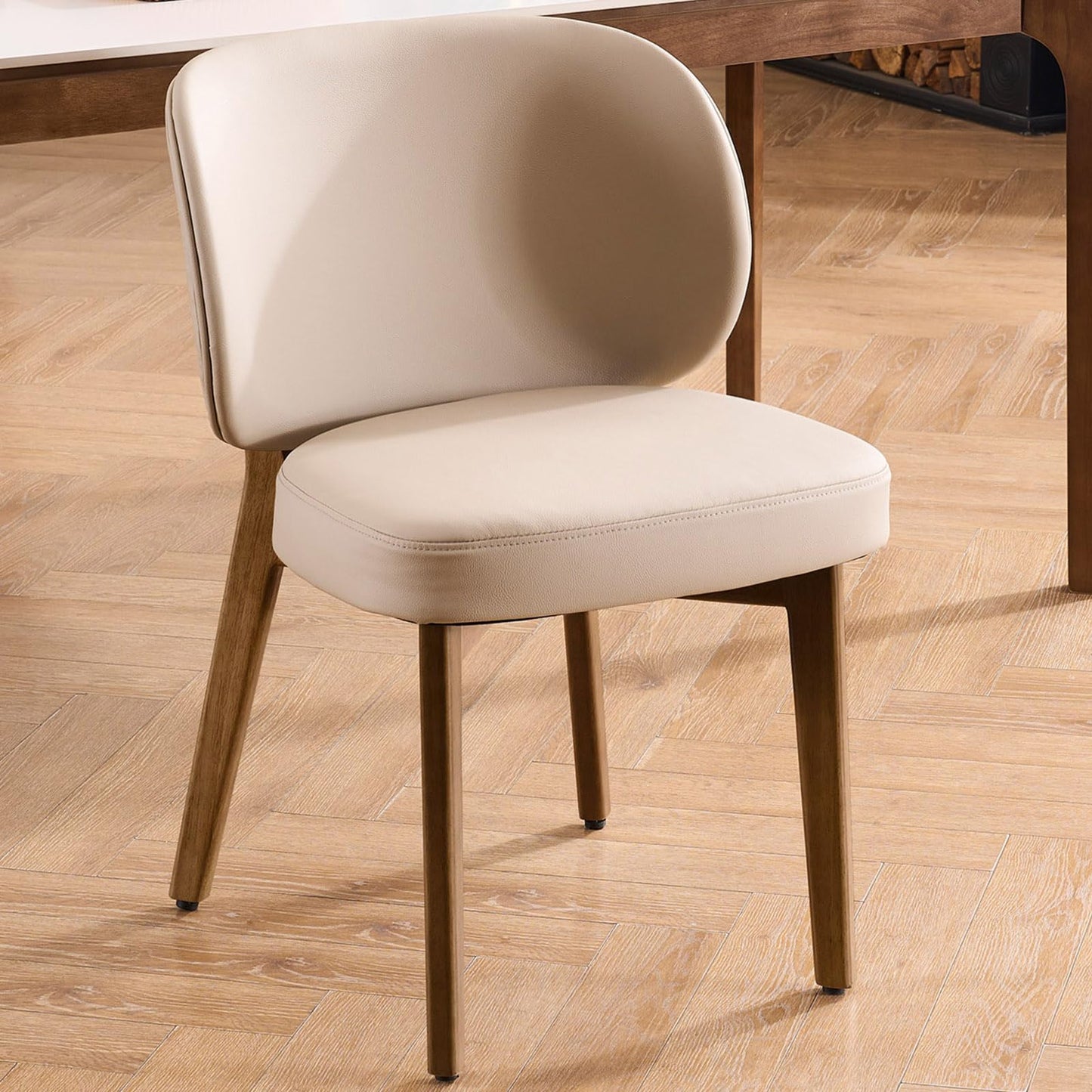 YOUNUOKE Upholstered Dining Chair, Modern PU Leather Dining Room Chair with Wood Legs, Widen Backrest Comfy Armless Side Kitchen Chairs, Khaki (Single Pack)