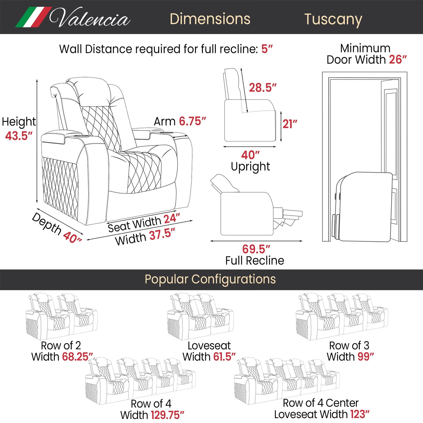 Valencia Tuscany Home Theater Seating | Premium Top Grain Italian Nappa 11000 Leather Power Recliner with Power Lumbar Support & Headrest (Single Recliner, Charcoal Grey)