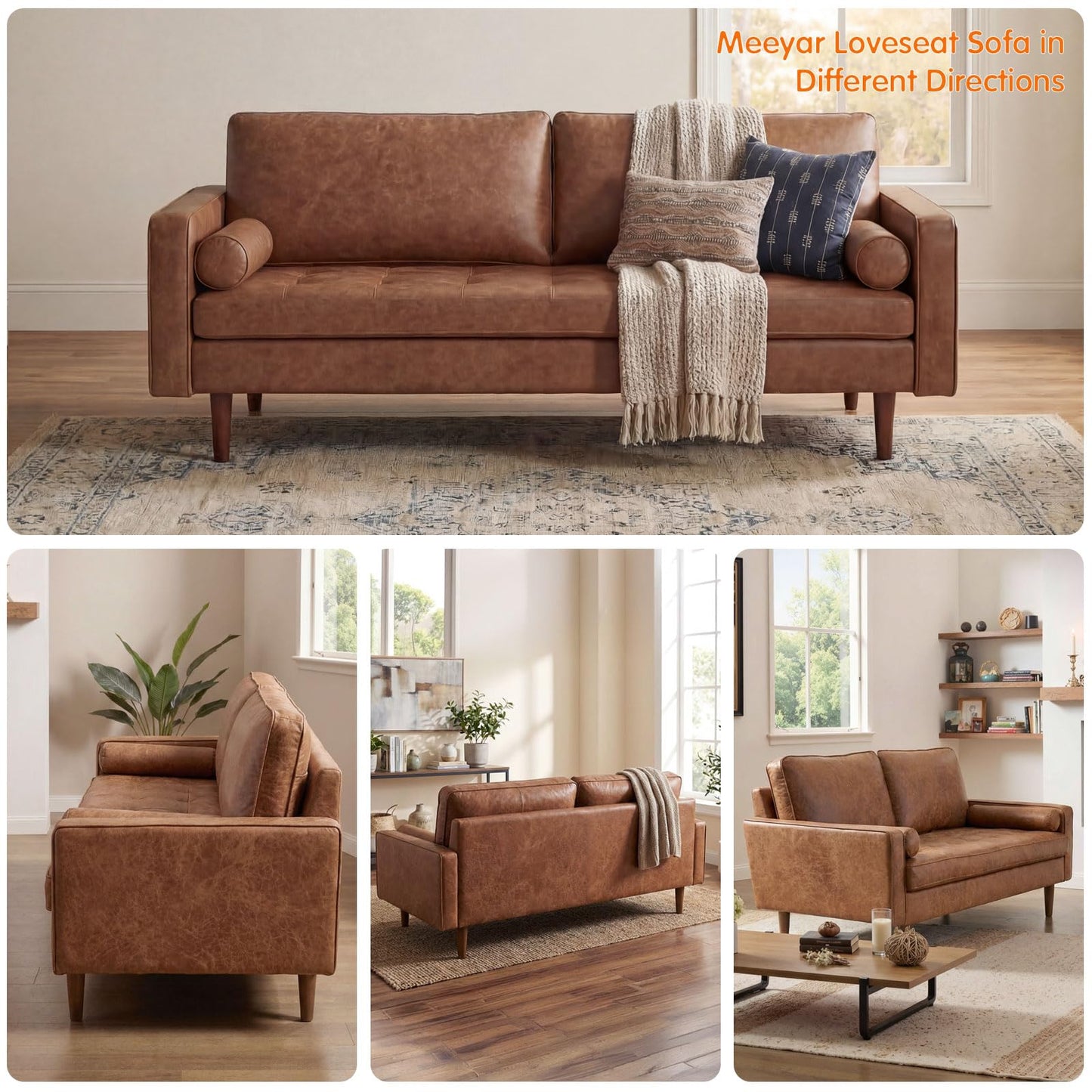 Meeyar 70" Mid-Century Modern Faux Leather Sofa, Comfortable Button Tufted Loveseat Couch with Bolster Pillows & Solid Wood Legs for Living Room, Apartment, Office, 1100lbs Capacity, Brown