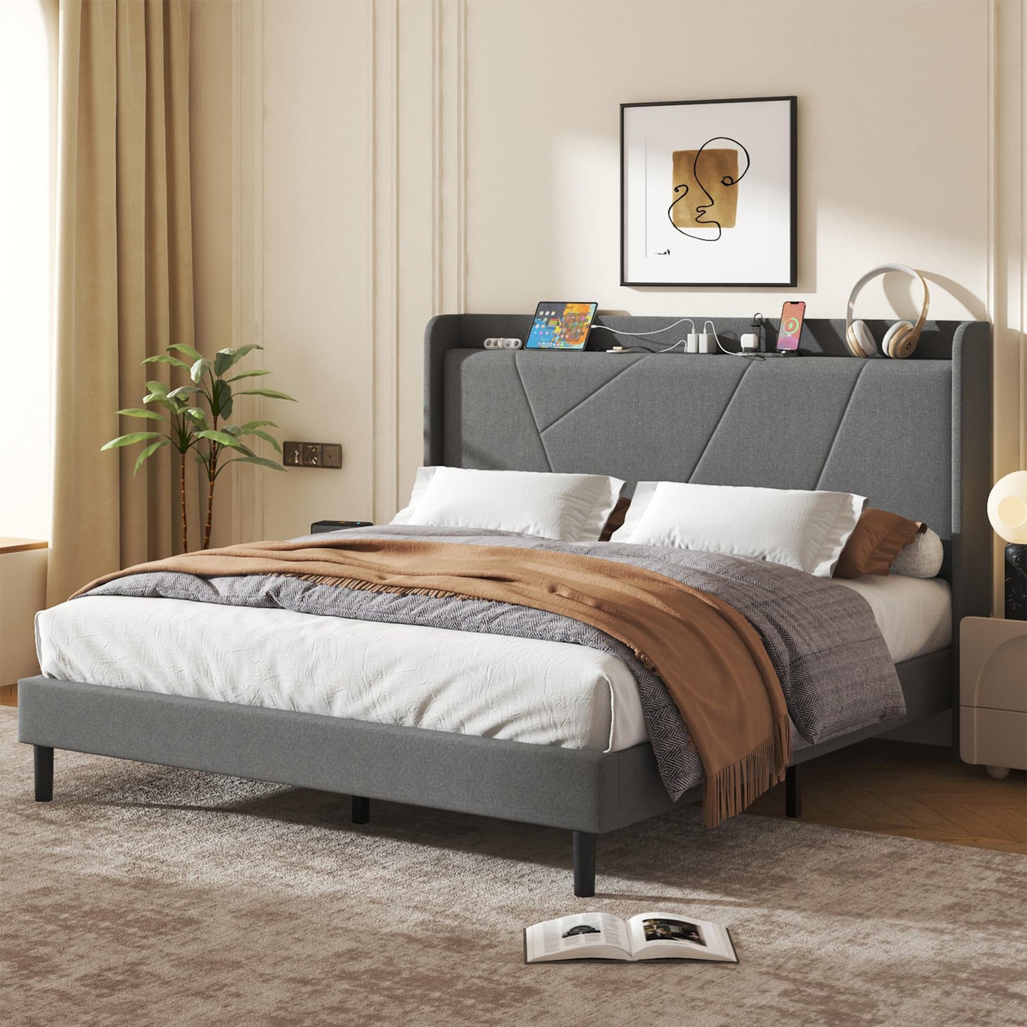 King Size Linen Bed Frame, Storage Headboard with Charging Station, Upholstered Platform Bed with Wooden Slats Support, Solid and Stable, Noise Free, No Box Spring Needed, Easy Assembly, Gray