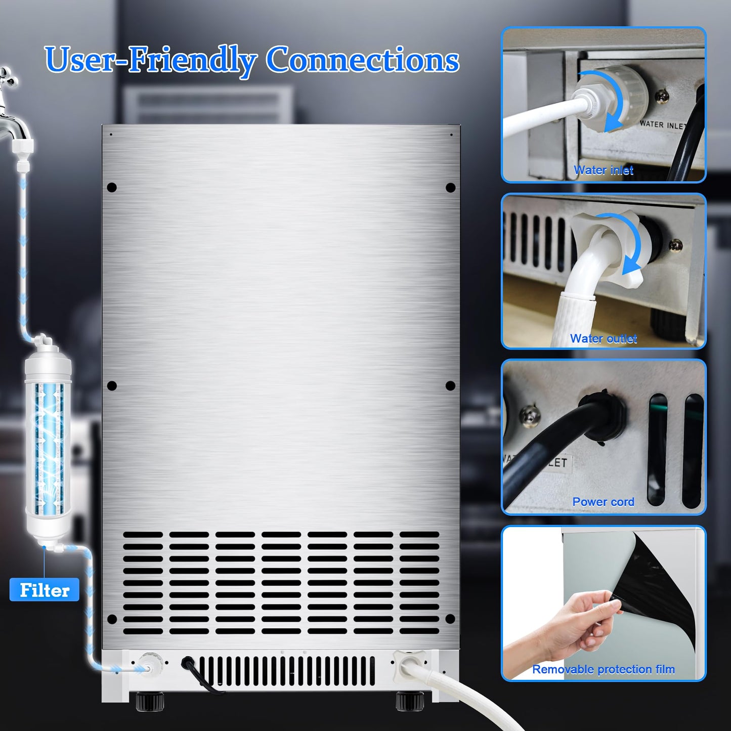 Commercial Ice Maker Machine 200lbs/24H,Stainless Steel Spray Drench Ice Maker 60lbs Storage,50pcs Hat Cubes Per Cycle,Freestanding Gourmet Ice Maker Self-Cleaning for Office, Restaurant, and Bar