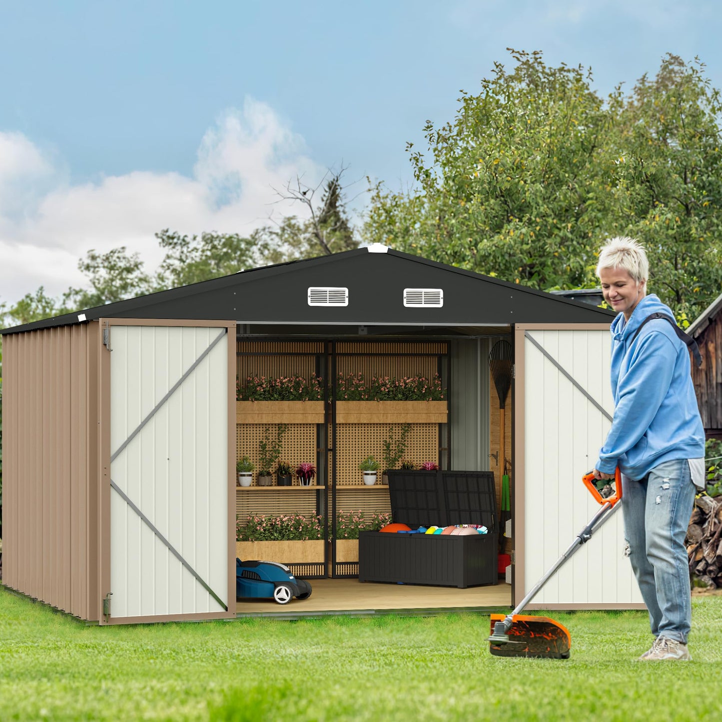 GUNJI 10 x 8 FT Shed Outdoor Storage Shed Metal Garden Shed with Lockable Door Outside Waterproof Tool Shed for Backyard, Patio, Lawn (Brown)