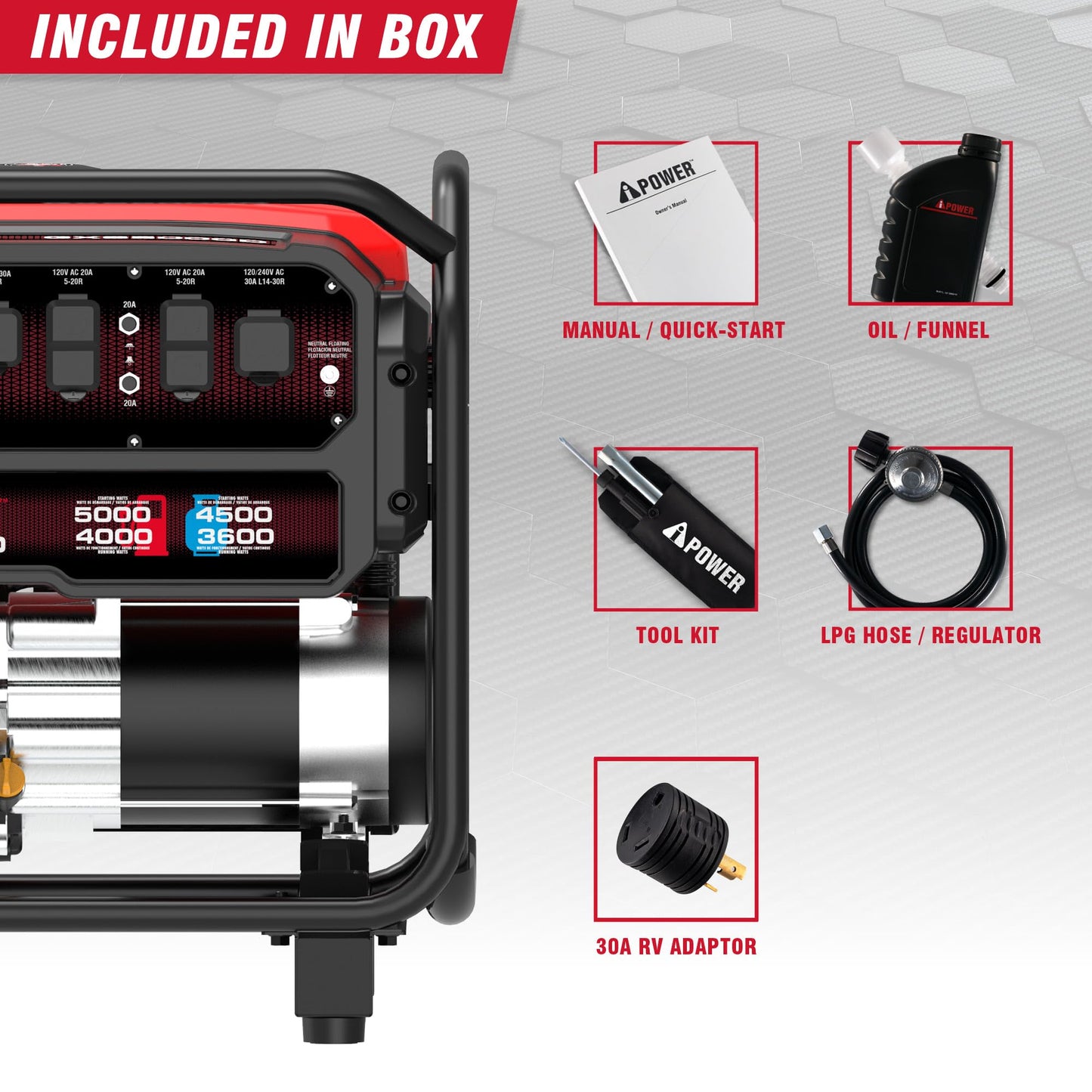 A-iPower 5000-Watt Portable Generator Gas & Propane, CO Sensor Shutdown, Heavy Duty Generators with 223cc OHV Engine for Jobsite, RV, Home Backup, Emergency (GXS5000D) Red