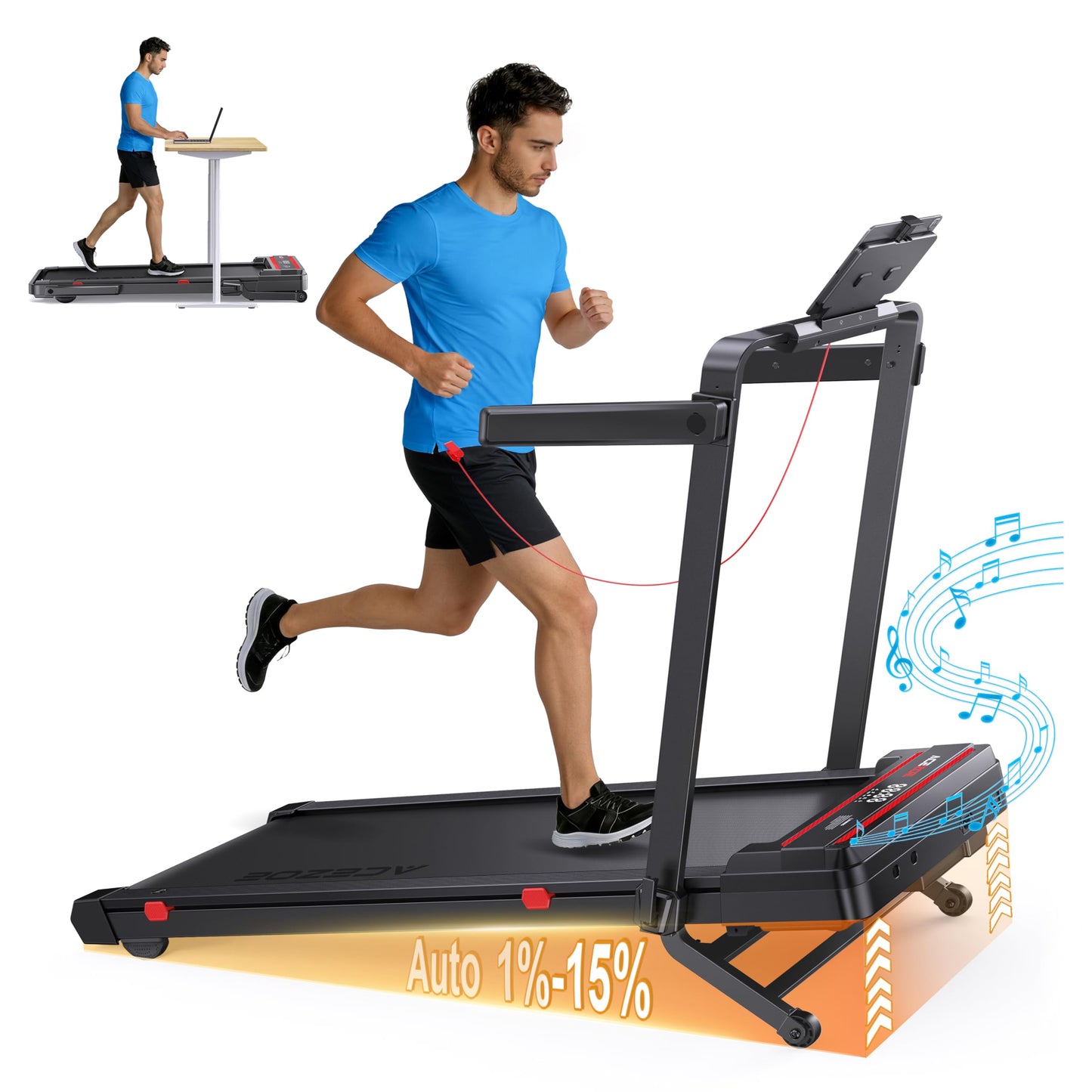 Foldable Walking Pad with 0-15% Auto Incline and Handle Bar, Under Desk Treadmill with 300LBS Weight Capacity, 3.0HP Quiet Treadmills for Home with Speaker, APP & Remote Control-Black Red