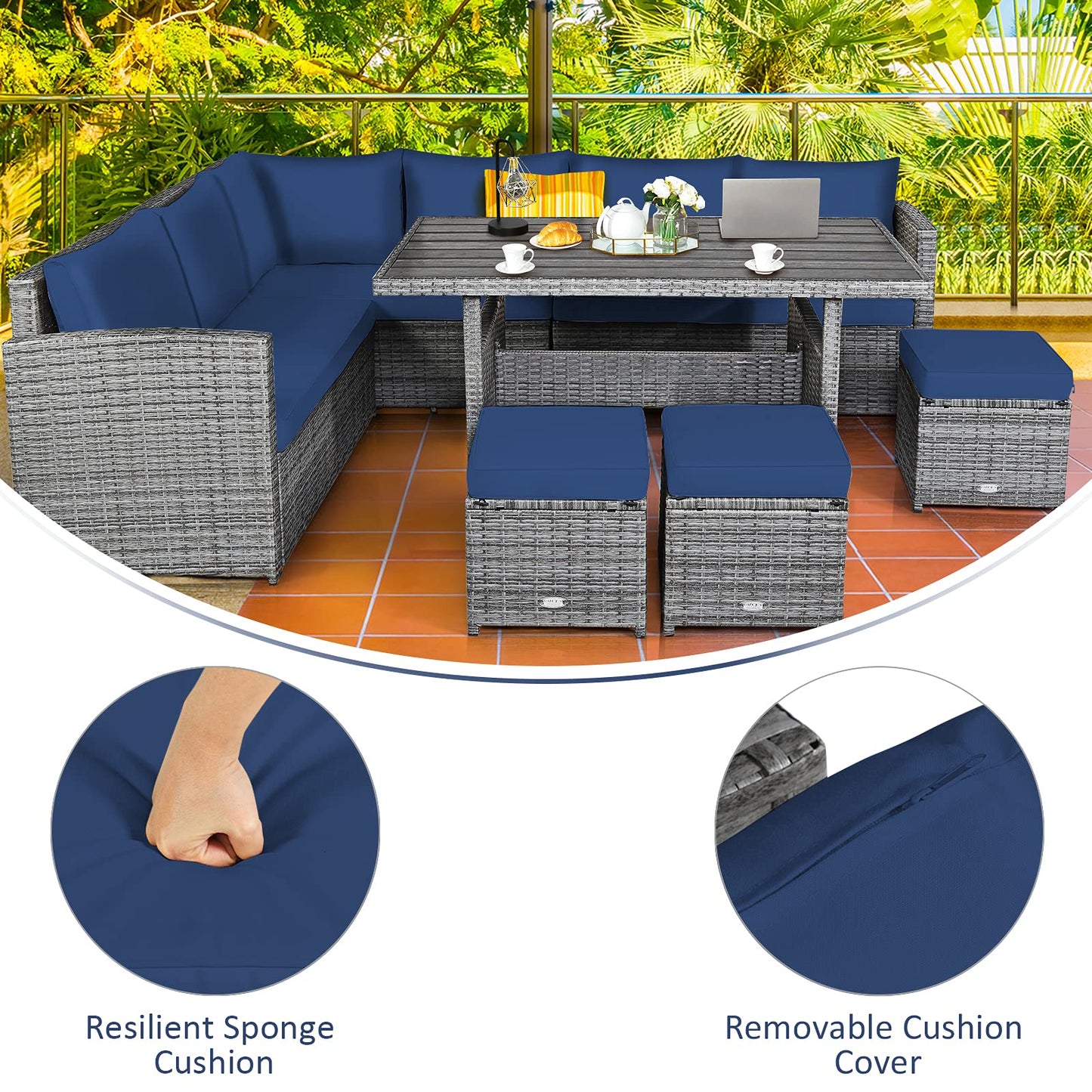 Tangkula 7 Pieces Patio Furniture Set, Outdoor Sectional Rattan Dining Sofa Set with Cushions, All Weather Wicker Conversation Couch Set with Dining Table & Ottomans for Yard Garden Poolside, Navy