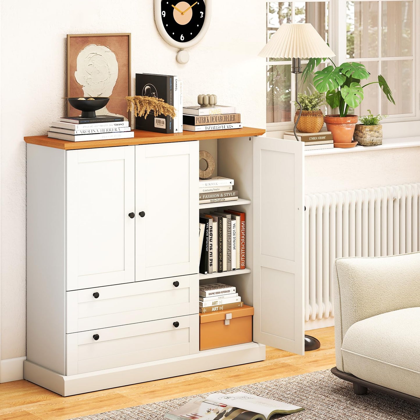 LOKO 47.5” Tall Buffet Cabinet with Storage, Modern Storage Cabinet with 3 Doors & 2 Large Drawers, Farmhouse Kitchen Pantry with Removable Shelf for Dining Room, Living Room, Home Bar