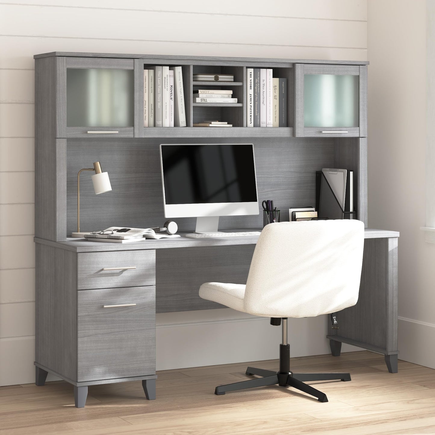 Bush Home 72-Inch Office Desk with Drawers and Hutch, Computer Desk with File and Box Drawers, Shelves and Storage Cabinet, Home Office Workstation, Somerset Collection, Platinum Gray