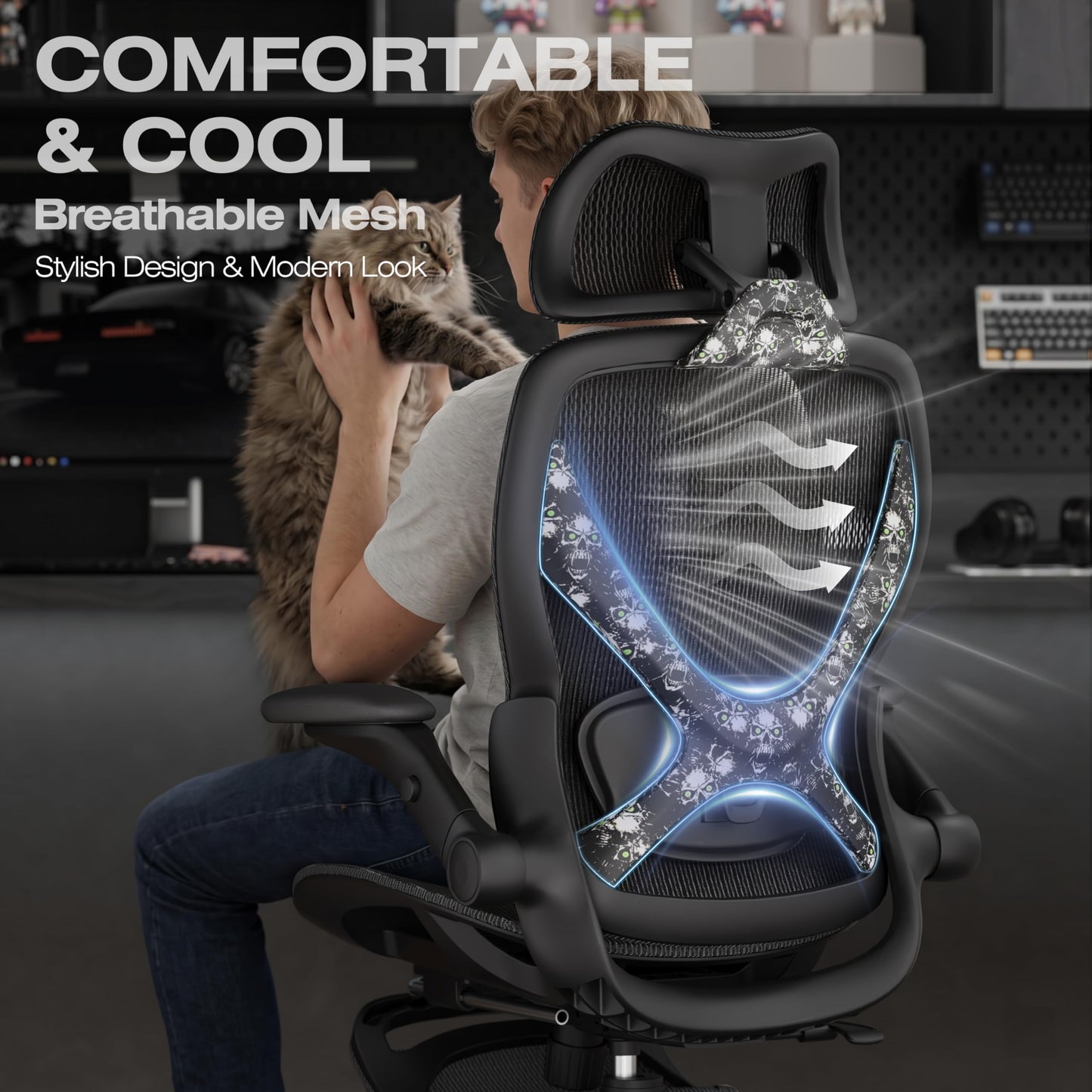ELABEST X100 Ergonomic Mesh Office Chair with Footrest, Big and Tall Home Desk Chair with 5D Flip-Up Arms, Adjustable 3D Lumbar Support, Gaming & Executive Computer Chair, Night Reaper