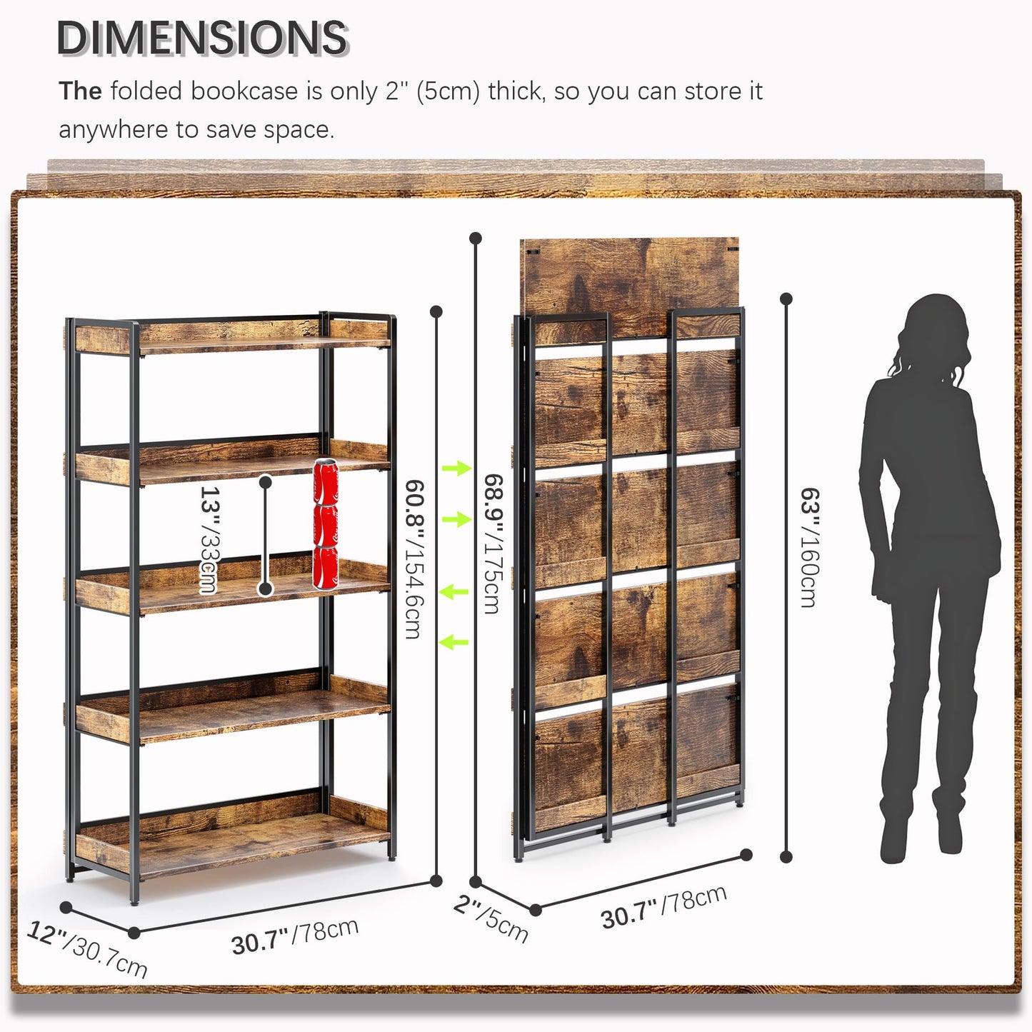 4NM Extra Wdie No Assembly Folding Bookshelf, 64.3" H x 30.9" W, 5 Tier Collapsible Book Shelf Bookcase Foldable Shelves for Bedroom Living Room Home Office - Rustic Brown & Black