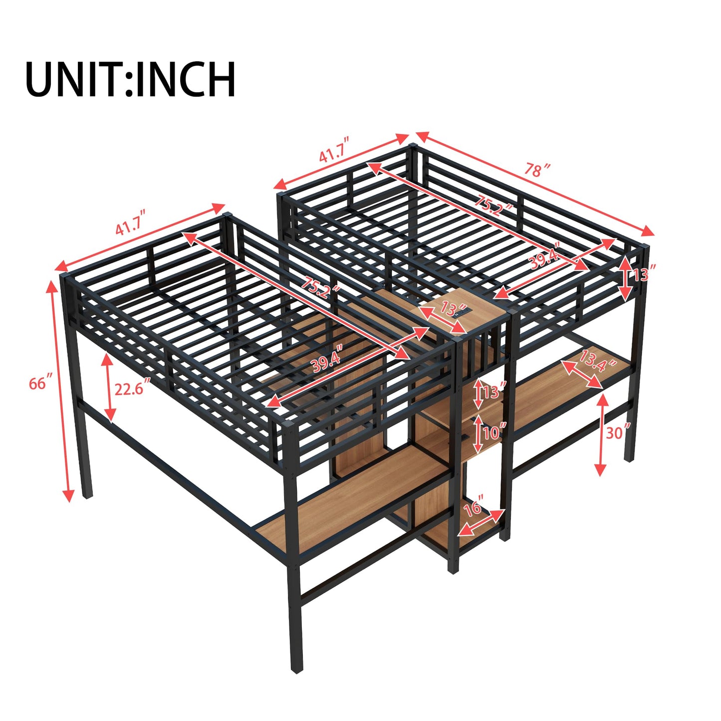 Bellemave Twin Over Twin Metal Loft Bed with Desk and Wardrobe for 2 Kids,Twin Size Heavy Duty Double Loft Bed Frame with Charging Station and Shelves for Boys,Girls,Adults,Woodgrain