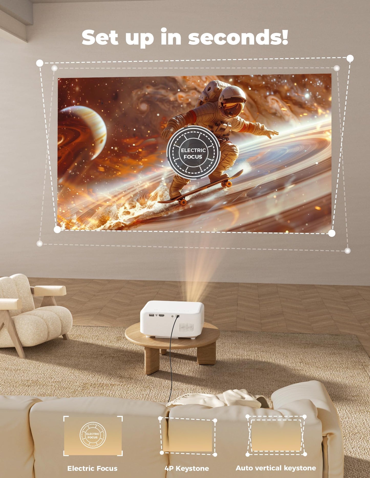 Outdoor Projector [1900 Brightness & 1k+ Official Apps] Movie Projector 4K, Electric Focus & 4P Keystone, Lisowod L02 Smart Projector with WiFi and BT, Portable Proyector for Backyard & Home Cinema