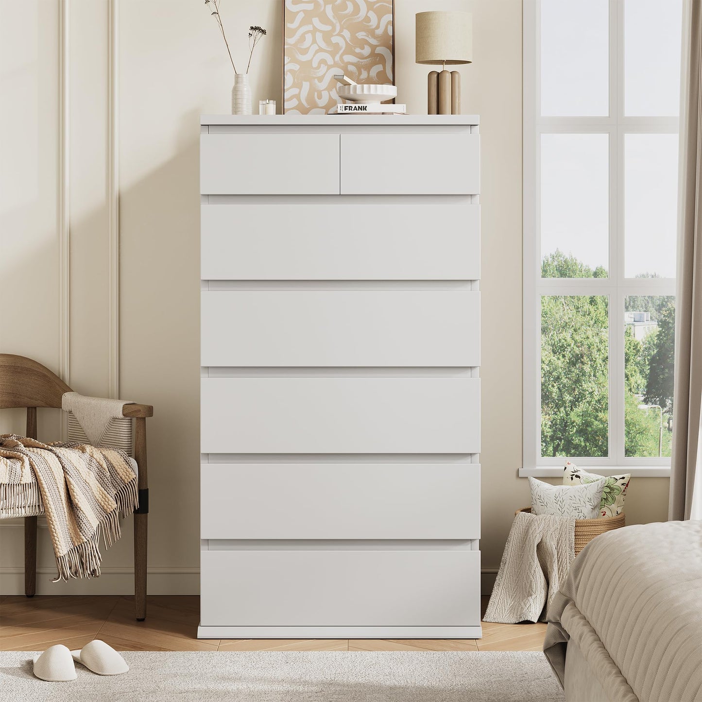 White Tall 7 Drawer Dresser for Bedroom, Modern Wood Closet Dressers & Chests of Drawers with Jewelry Storage, 23.6" L*15.8" W*47.5" H in Large Vertical Dresser for Bedroom, Living Room, Nursery