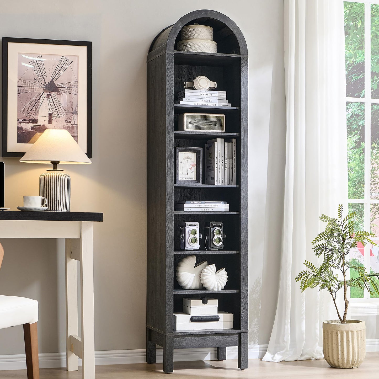 IFGET 71" Tall Arched Bookshelf, 8 Tiers Arch Bookcase with Storage, Modern Farmhouse Book Shelf with Adjustable Shelves, Wood Bookshelf w/Open Display Shelves for Living Room, Office (Dark Grey)