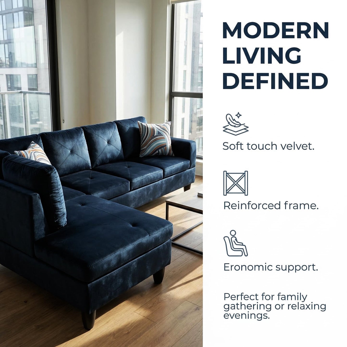 Trygoal 97" Linen 4-Seat L-Shaped Sectional Sofa with Movable Chaise & Storage Ottoman - 3-Piece Modular Convertible Couch for Living Room, Bedroom, Apartment & Office, Midnight Blue