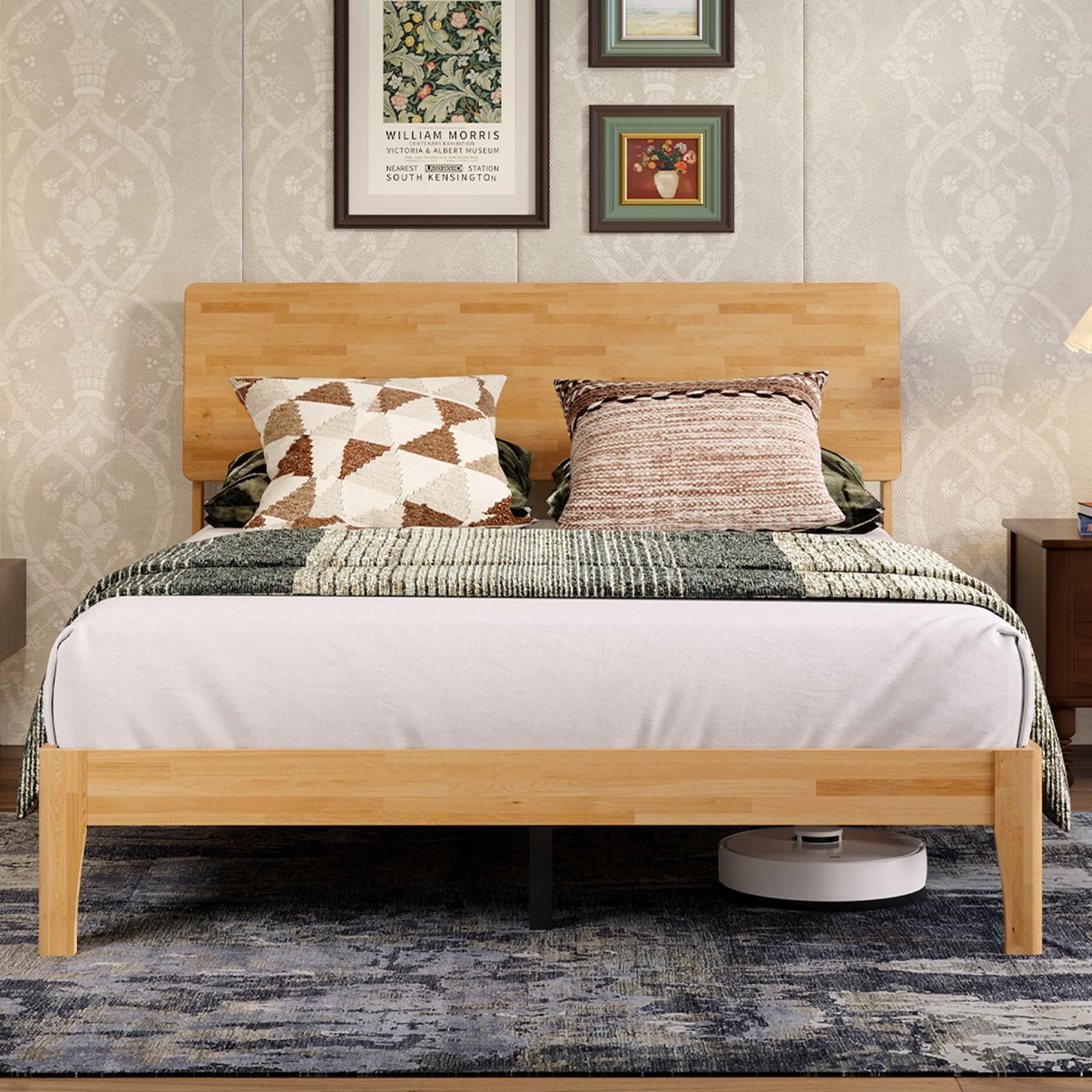 Novilla Queen Bed Frame with 3-Level Adjustable Storage Headboard, Solid Wood Platform Bed Frame with Slats, No Box Spring Needed, Noise Free, Natural Finish for Master Bedroom and Guest Room