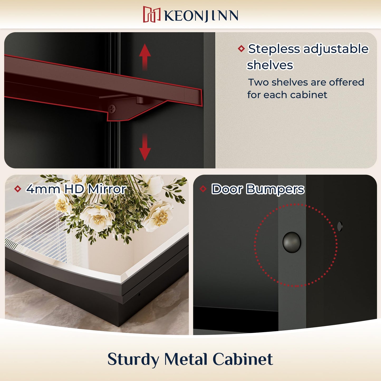 Keonjinn Black Medicine Cabinet with Mirror 20” x 30”, Metal Framed Wall Cabinet with Beveled Mirror, Surface Mount or Recessed Arched Medicine Cabinet for Bathroom,Bathroom Mirror with Storage