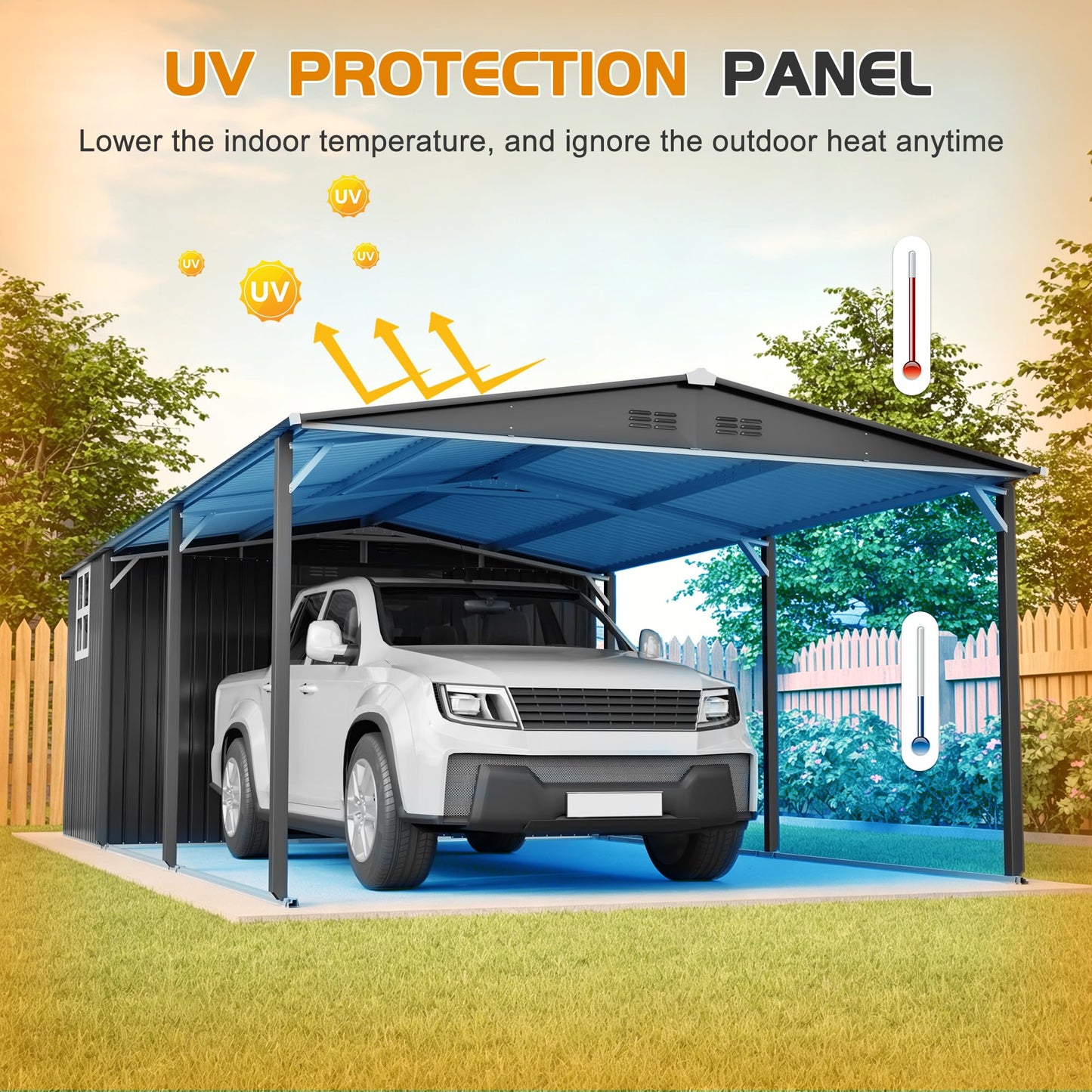 ZMAD 12'x23' Metal Carport Storage Shed, Heavy Duty Steel Garage with Sliding Door, UV Panel & Waterproof Sloped Roof, Reinforced Structure for Car Boat Tractor Farm (Grey, Style A)
