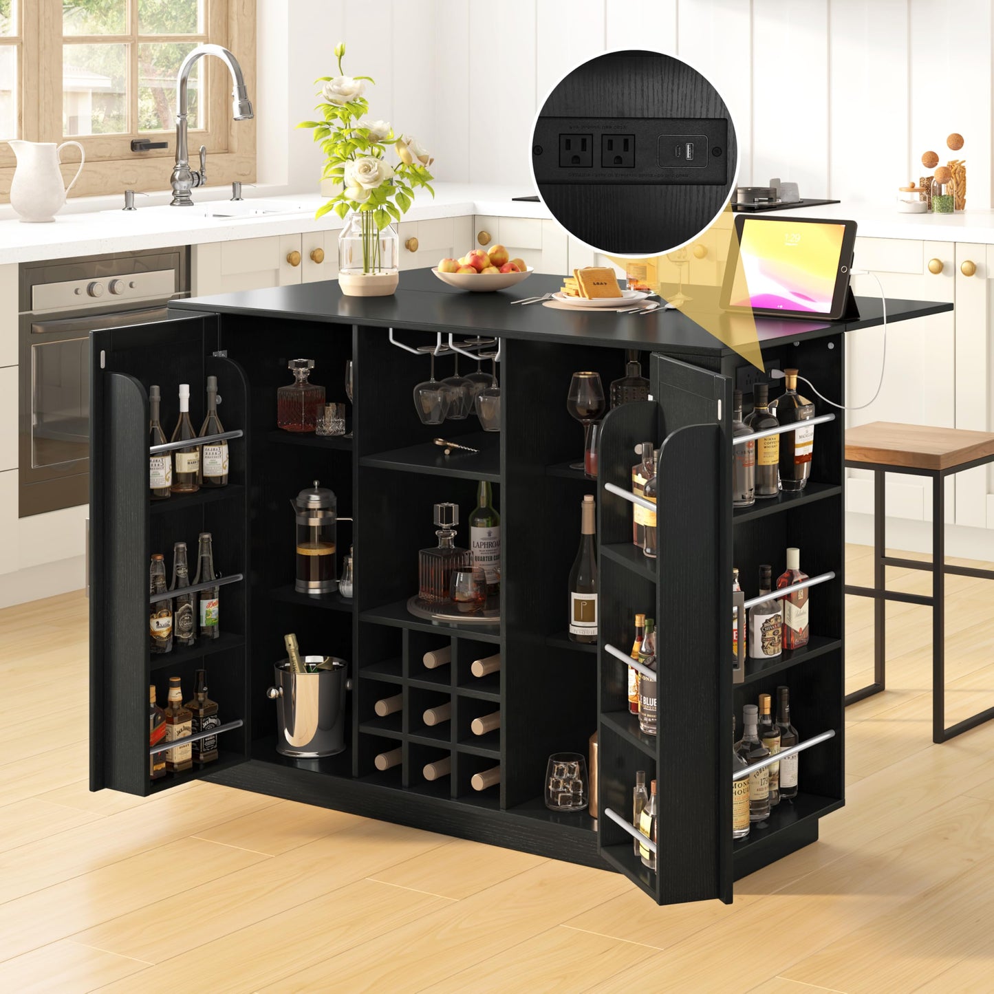 Merax Kitchen Island with Extendable Dining Table & Power Outlet, Wood Wine Bar Cabinet with Bottle Rack & Glass Holder, Coffee Bar, 2-Door Buffet Sideboard with Side Shelves, Black
