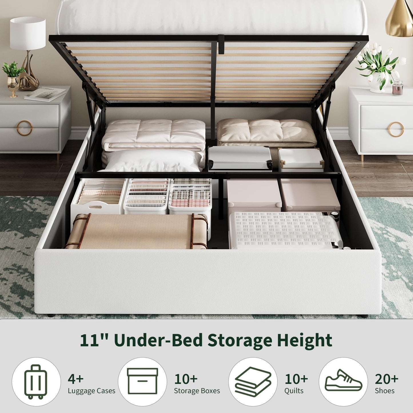 IDEALHOUSE Full Size Lift Up Storage Bed Frame, Modern Diamond Tufted Wingback Headboard, Hydraulic Support & Underneath Storage, Suede Upholstered Platform Bed, No Box Spring Needed