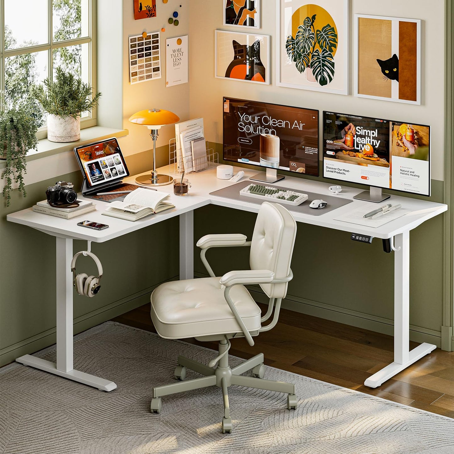 Grandder L Shaped Standing Desk Adjustable Height, Electric Standing Corner Desk, 160 x 140 cm Sit Stand Computer Table with Splice Board, White
