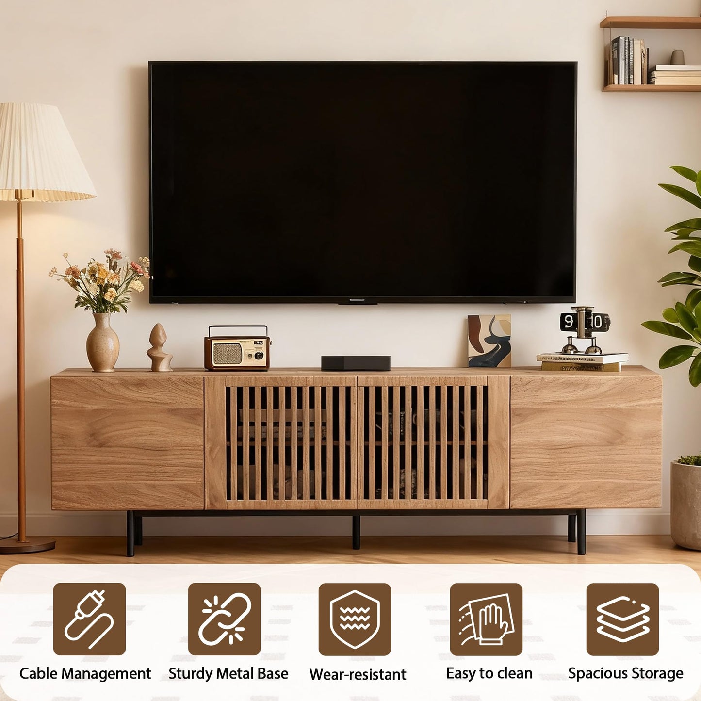 gaoyangjiaju 70.87" Mid Century Modern TV Stand, Walnut Media Console for 70 Inch TVs, Entertainment Cabinet with 4 Storage Compartments for Living Room or Bedroom