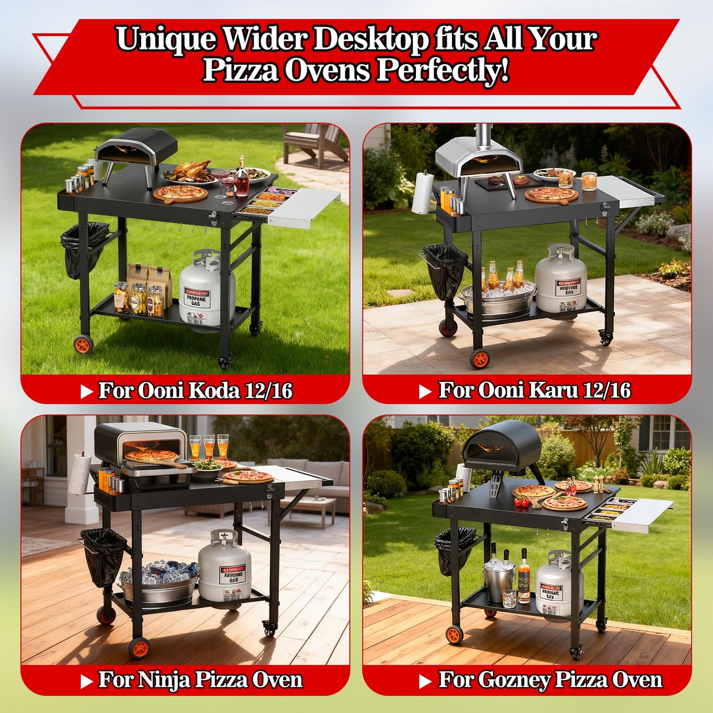 AOKEMAi Grill Table for Oon Pizza Oven Accessories, Ninja Pizza Oven Table with Extendable Desk - Fit Gozney, Solo Stove, Durable Outdoor Grill Cart Stand with Food Prep Topping Station for Backyard