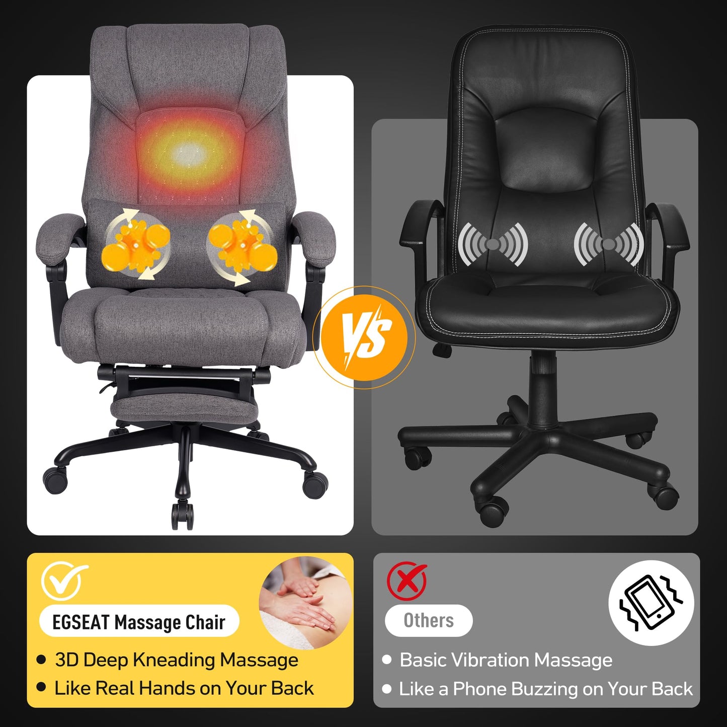 EGSEAT 3D Kneading Massage Office Chair with Heat, 500 lbs Big and Tall Executive Computer Desk Recliner, Leather Electric Heated Office Chairs with Massage & Footrest, Gery