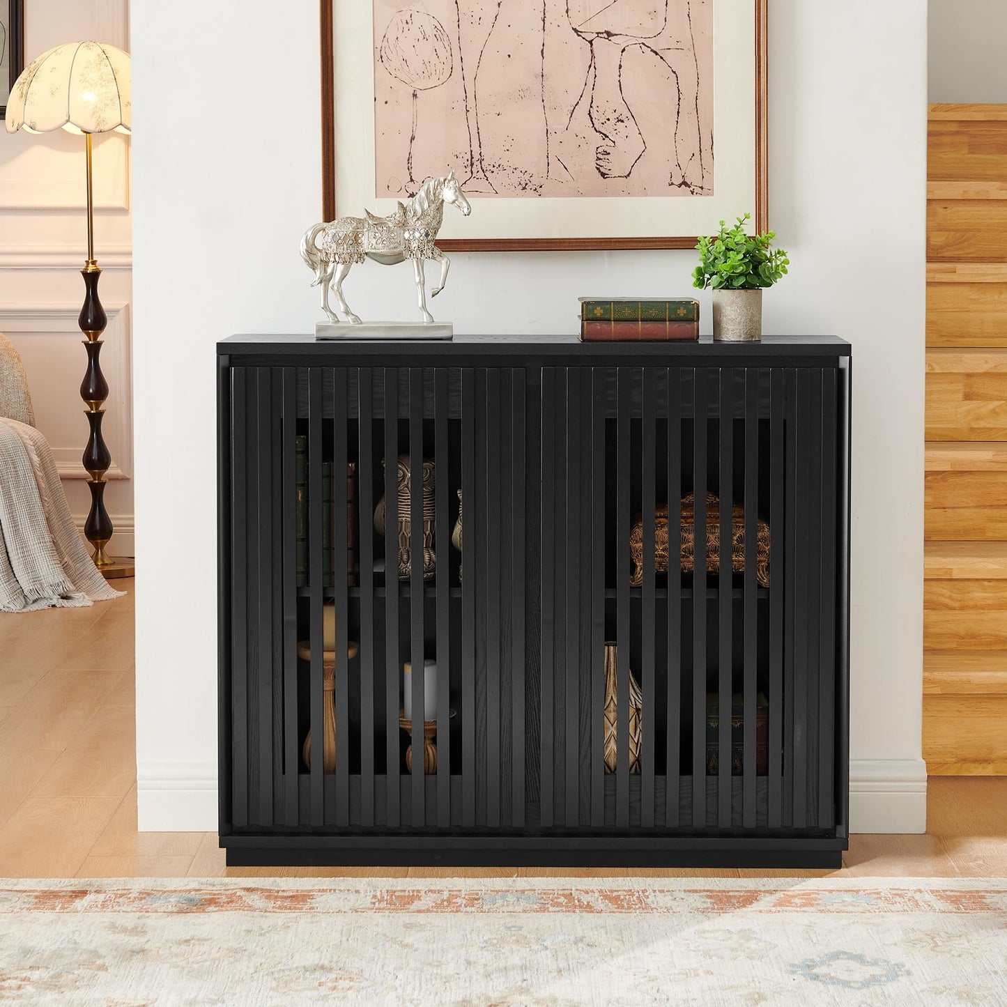 KEIKI 39" Mid Century Modern Fluted Hollowed Out Sideboard Cabinet with 2 Outlet Holes, Buffet Cabinet with Storage, Storage Cabinet for Living Room, Entryway, Hallway, Dining Room, Kitchen, Black