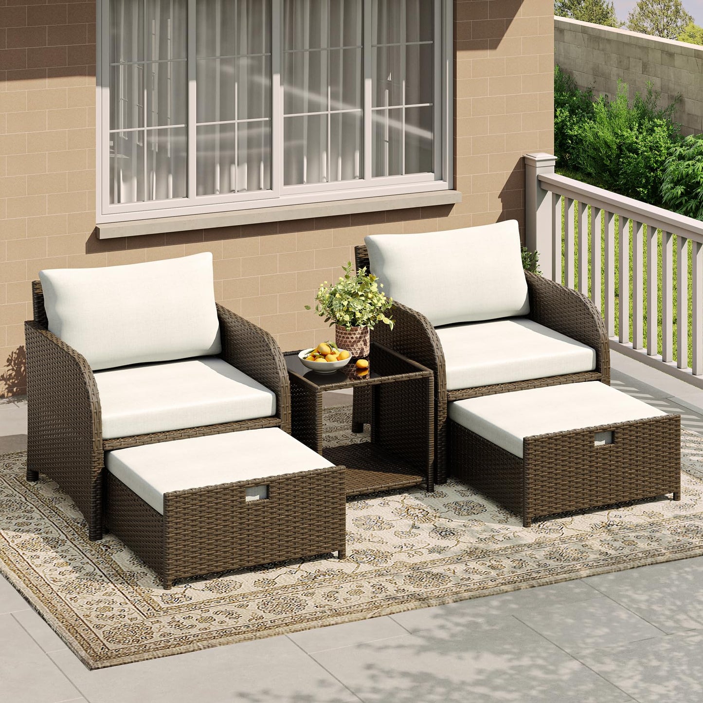 GarveeLife Balcony Furniture 5 Piece Patio Conversation Set, PE Rattan Wicker Outdoor Lounge Furniture with Hidden Ottomans, Soft Cushions & Glass Coffee Table for Porch, Backyard, Balcony, Beige