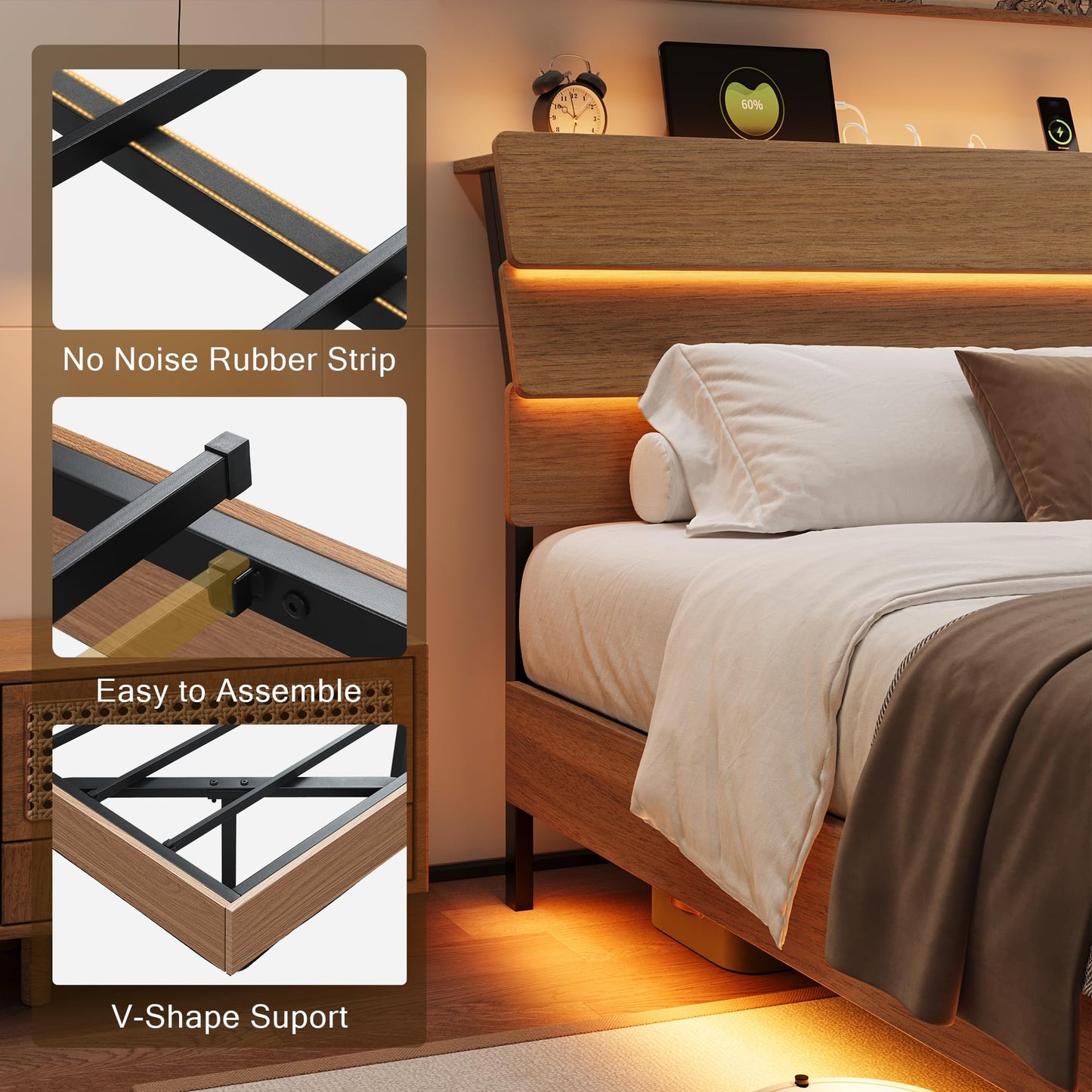 Einhomn Floating Bed Frame Full with Led Lights and Charging Station, Full Size Platform Bed Frame w/Storage Headboard, Heavy Slats Support, No Box Spring Needed, Noise Free, Easy Assembly, Walnut