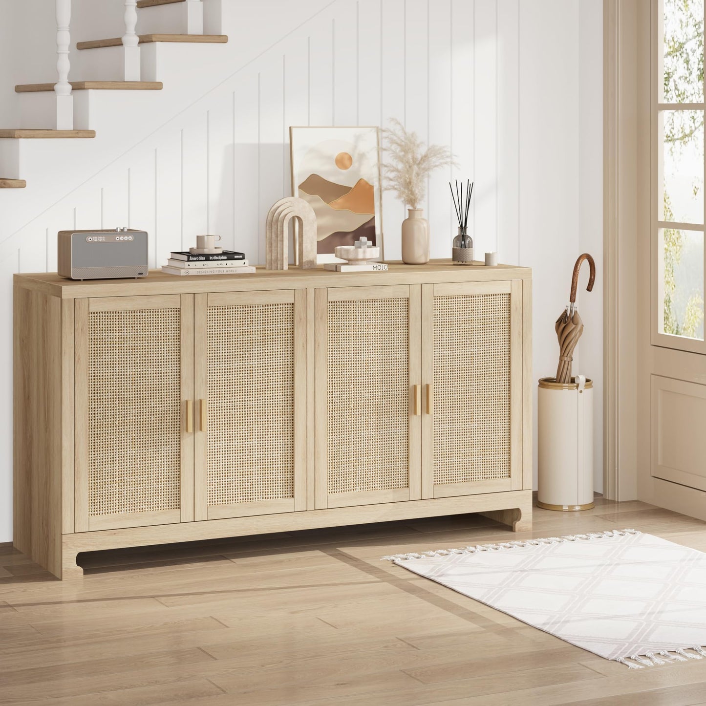 Garvee 40 in Modern Boho Storage Cabinet with Woven Rattan Doors - Adjustable Shelf, Multifunctional TV Stand, Coffee Bar & Entryway Console Table for Kitchen, Living Room (Oak Brown)