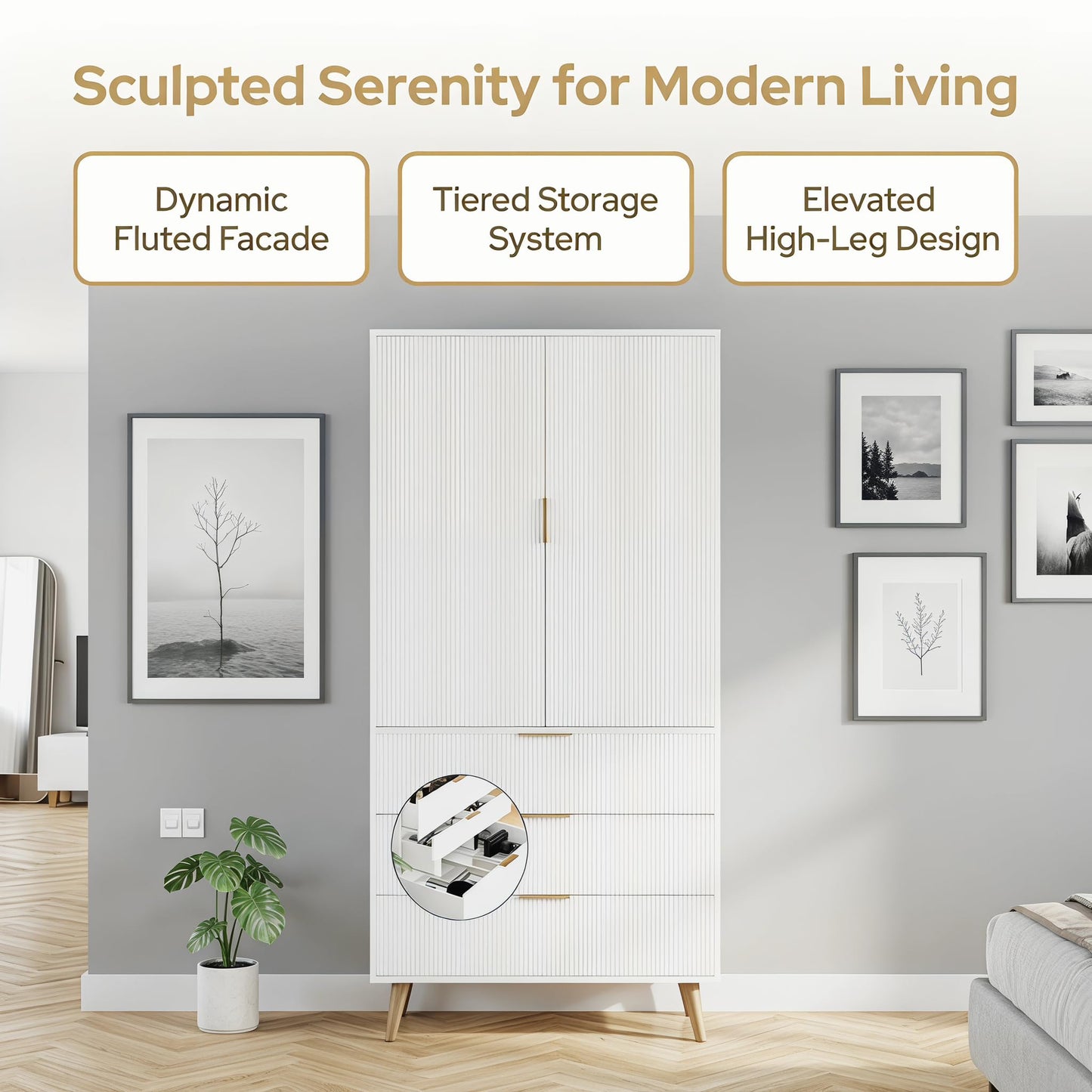 NicBex Tall Storage Cabinet, Kitchen Pantry Cabinet with Adjustable Shelves, Fluted Panel Design Wood Chest with 3 Drawers 2 Doors, Tall Home Cupboard for Living Room, Kitchen, White