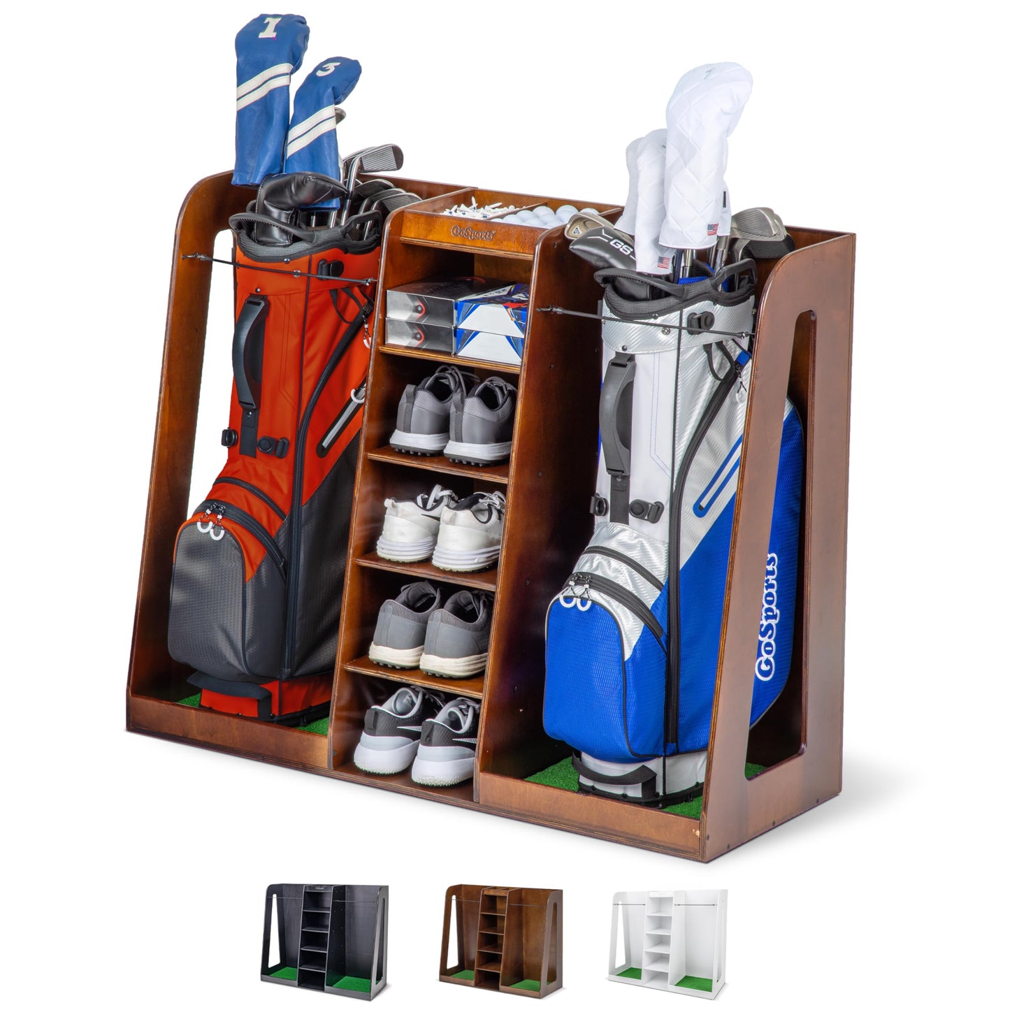 GoSports Premium Wooden Golf Bag Organizer and Storage Rack - Choose Your Style