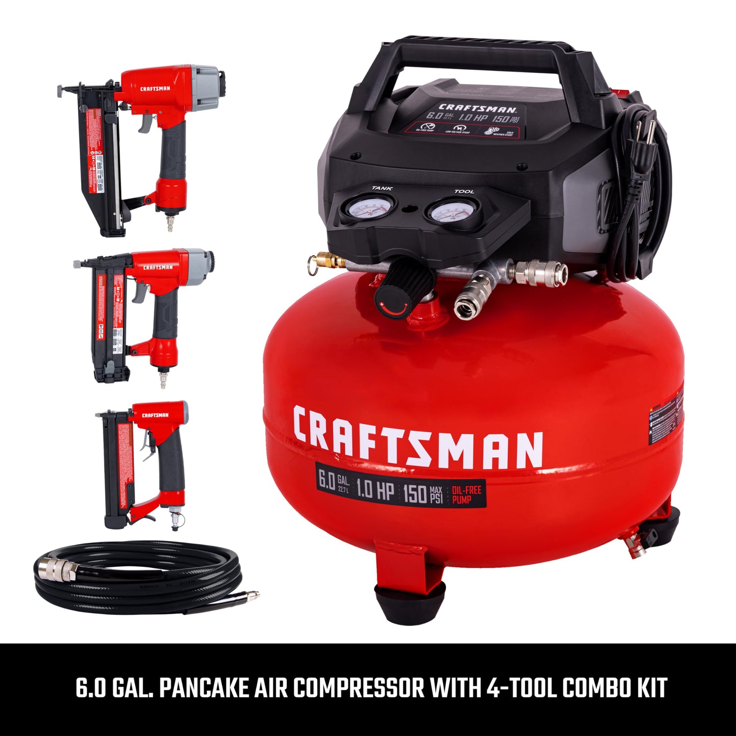 Craftsman 6-Gallon Pancake Air Compressor 4-Tool Combo Kit, 150 PSI, Oil-Free, Includes 16GA Finish Nailer, 18GA Brad Nailer, 23GA Pin Nailer & 25-Ft Air Hose, Model CMXECXA0210641K